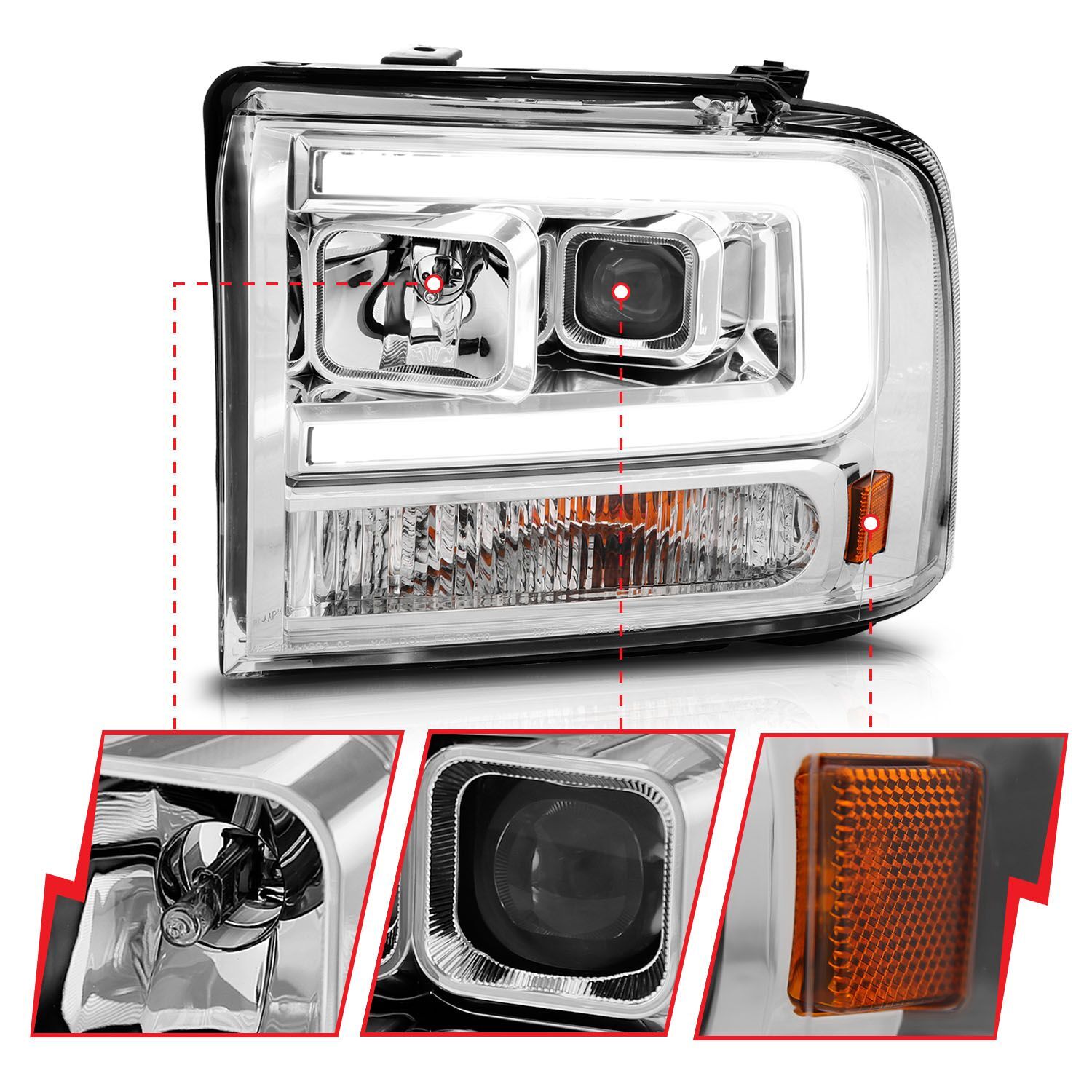 2005-2007 Ford Excursion/F-250/F-350/F-450/F-550 Super Duty Anzo Projector Headlights W/ Light Bar Chrome Housing
