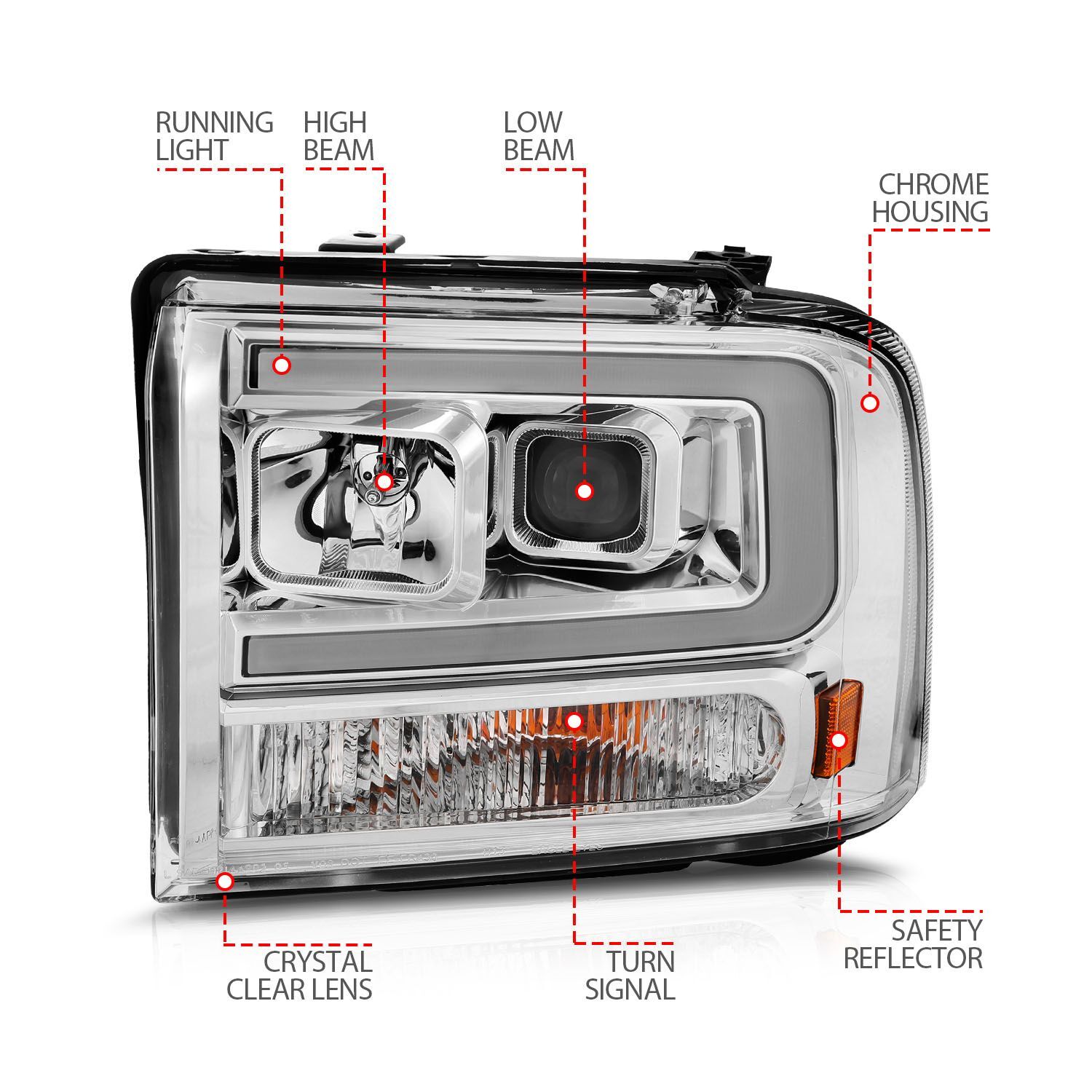 2005-2007 Ford Excursion/F-250/F-350/F-450/F-550 Super Duty Anzo Projector Headlights W/ Light Bar Chrome Housing