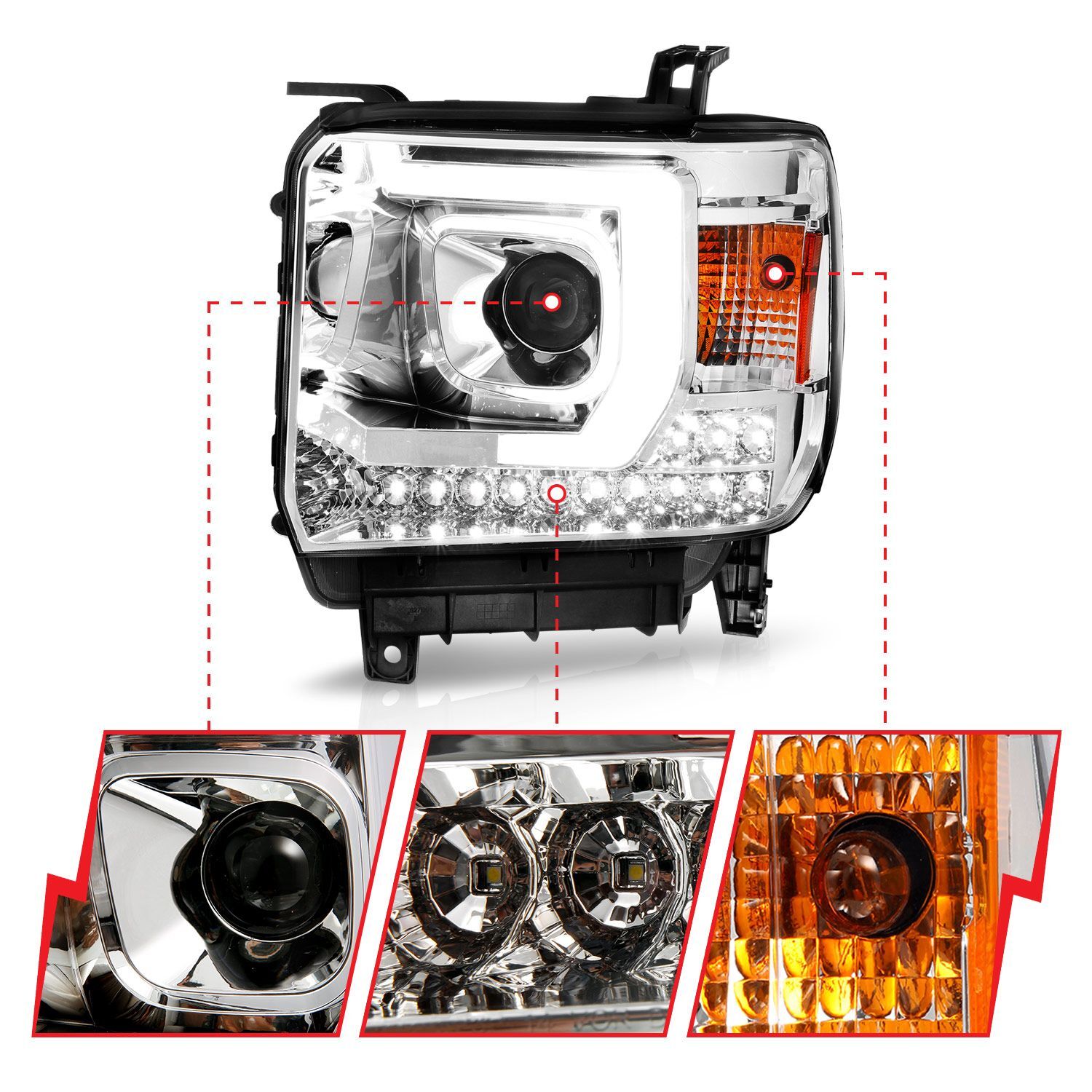 2015-2019 GMC Sierra 1500/2500 HD/3500 HD Base/SLE Anzo Plank Style Projector Headlight Chrome Housing (Halogen Type)