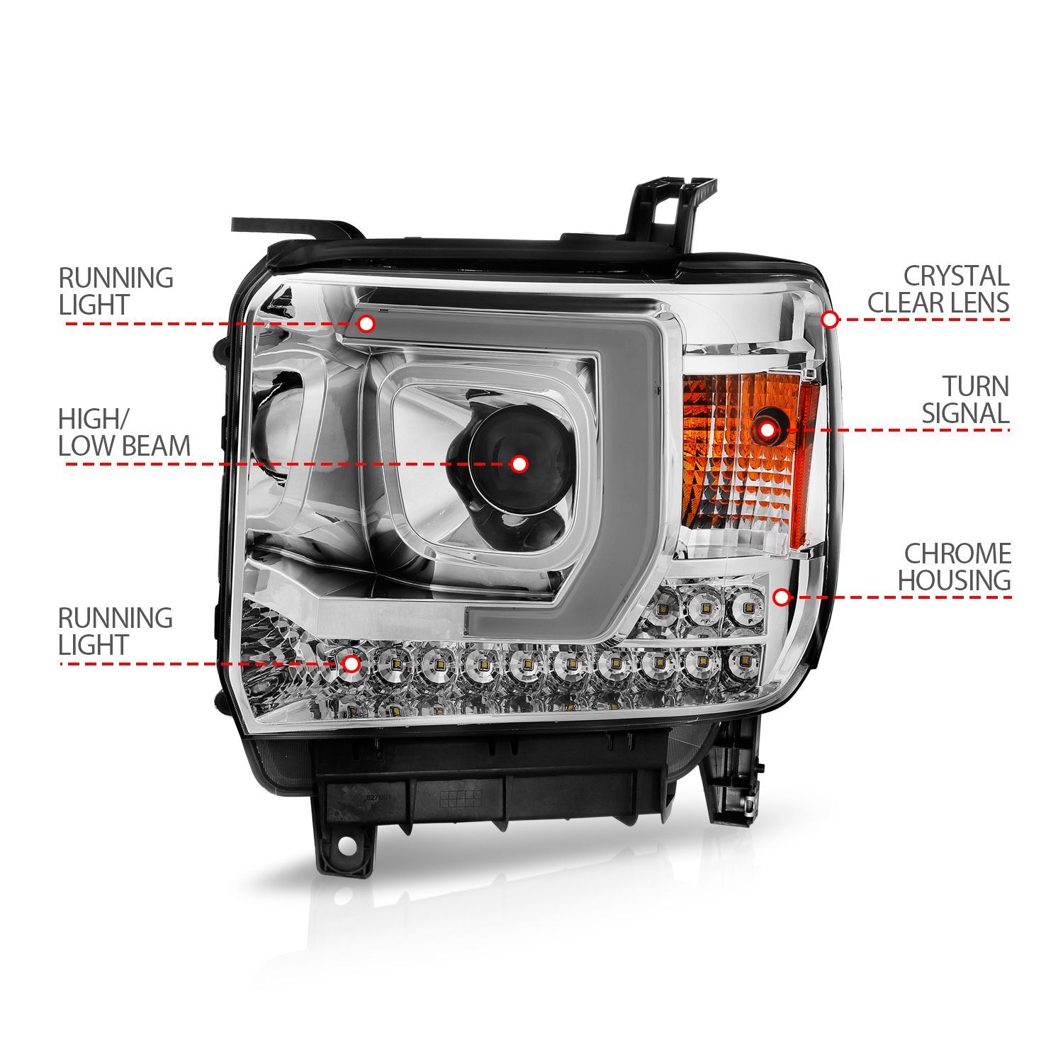 2015-2019 GMC Sierra 1500/2500 HD/3500 HD Base/SLE Anzo Plank Style Projector Headlight Chrome Housing (Halogen Type)