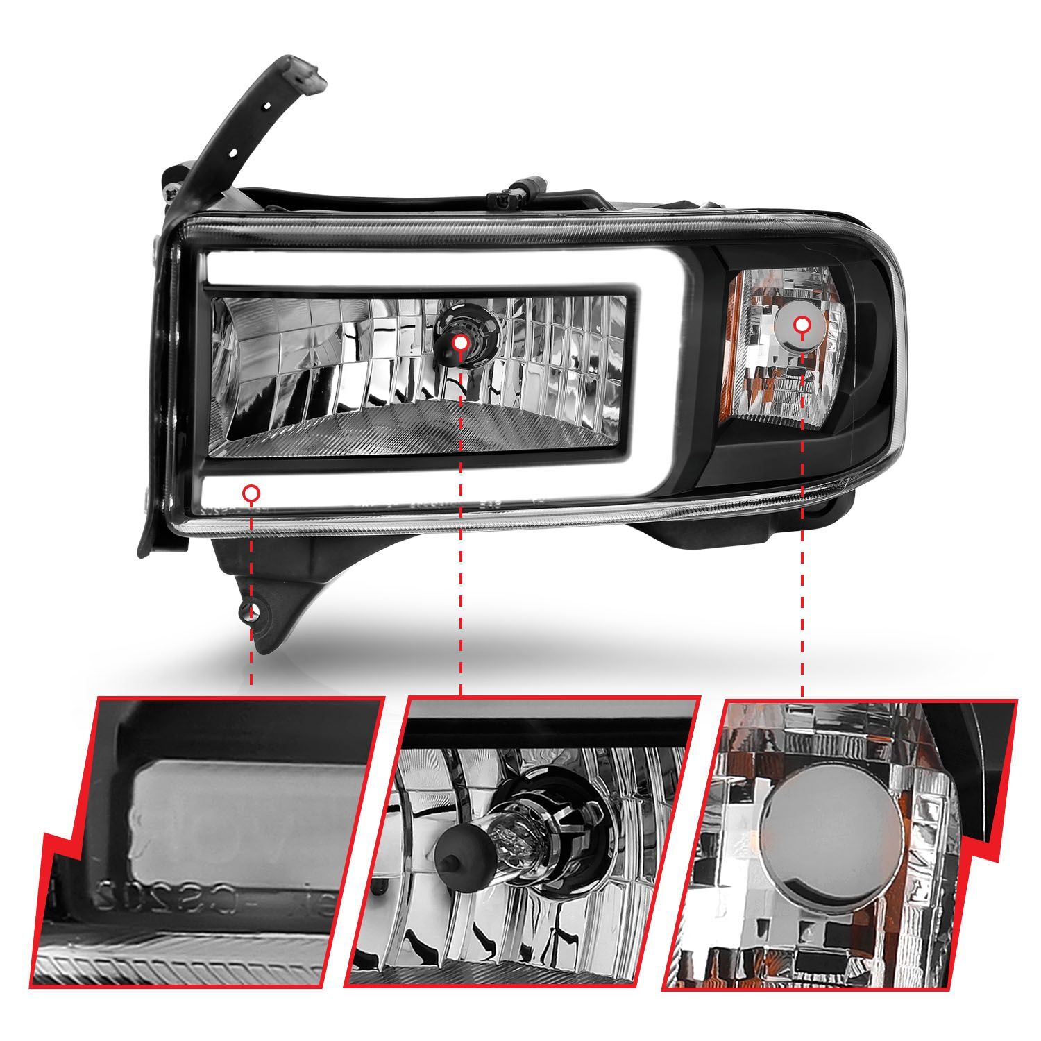 1994-2001 Dodge Ram 1500/2500/3500 Non-Sport Anzo Crystal Headlights W/ Light Bar Black Housing