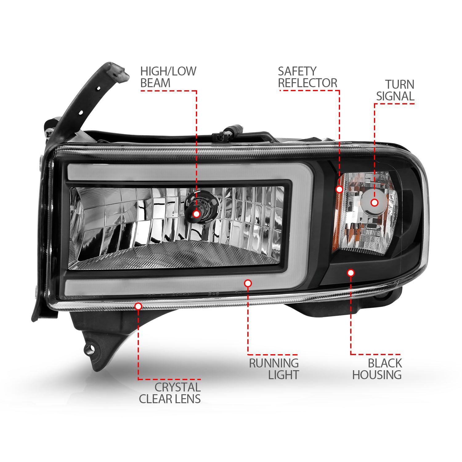 1994-2001 Dodge Ram 1500/2500/3500 Non-Sport Anzo Crystal Headlights W/ Light Bar Black Housing