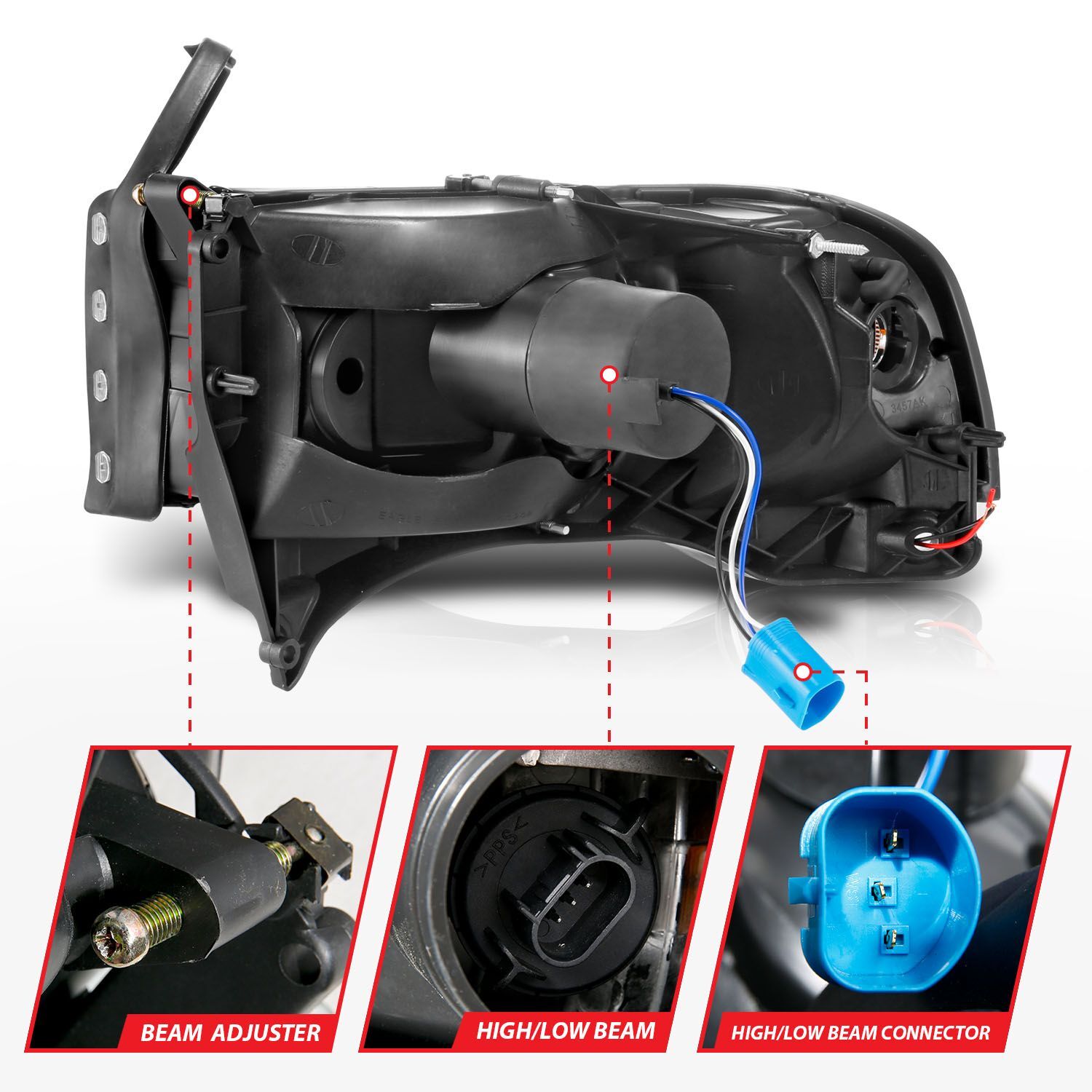 1994-2001 Dodge Ram 1500/2500/3500 Non-Sport Anzo Crystal Headlights W/ Light Bar Black Housing