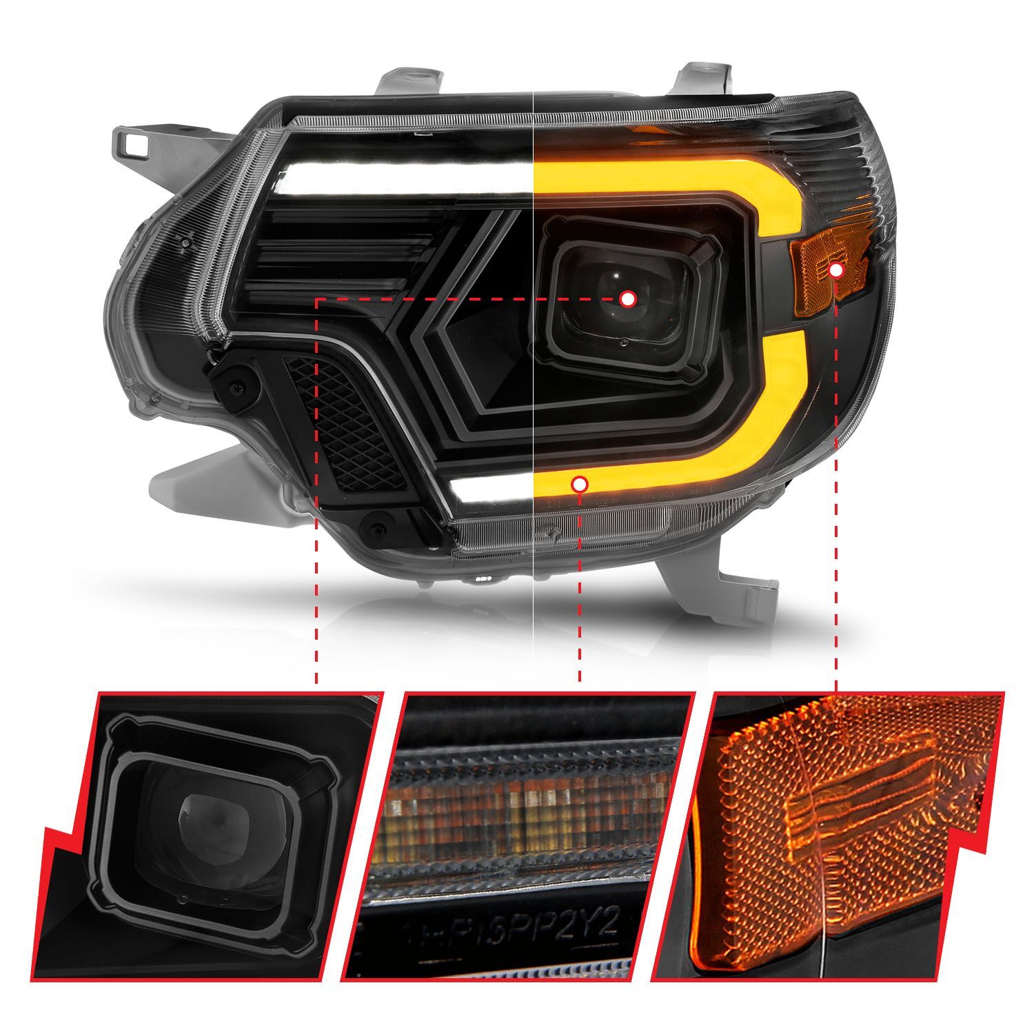 2012-2015 Toyota Tacoma Anzo Projector Headlights W/ Light Bar Switchback Black Housing