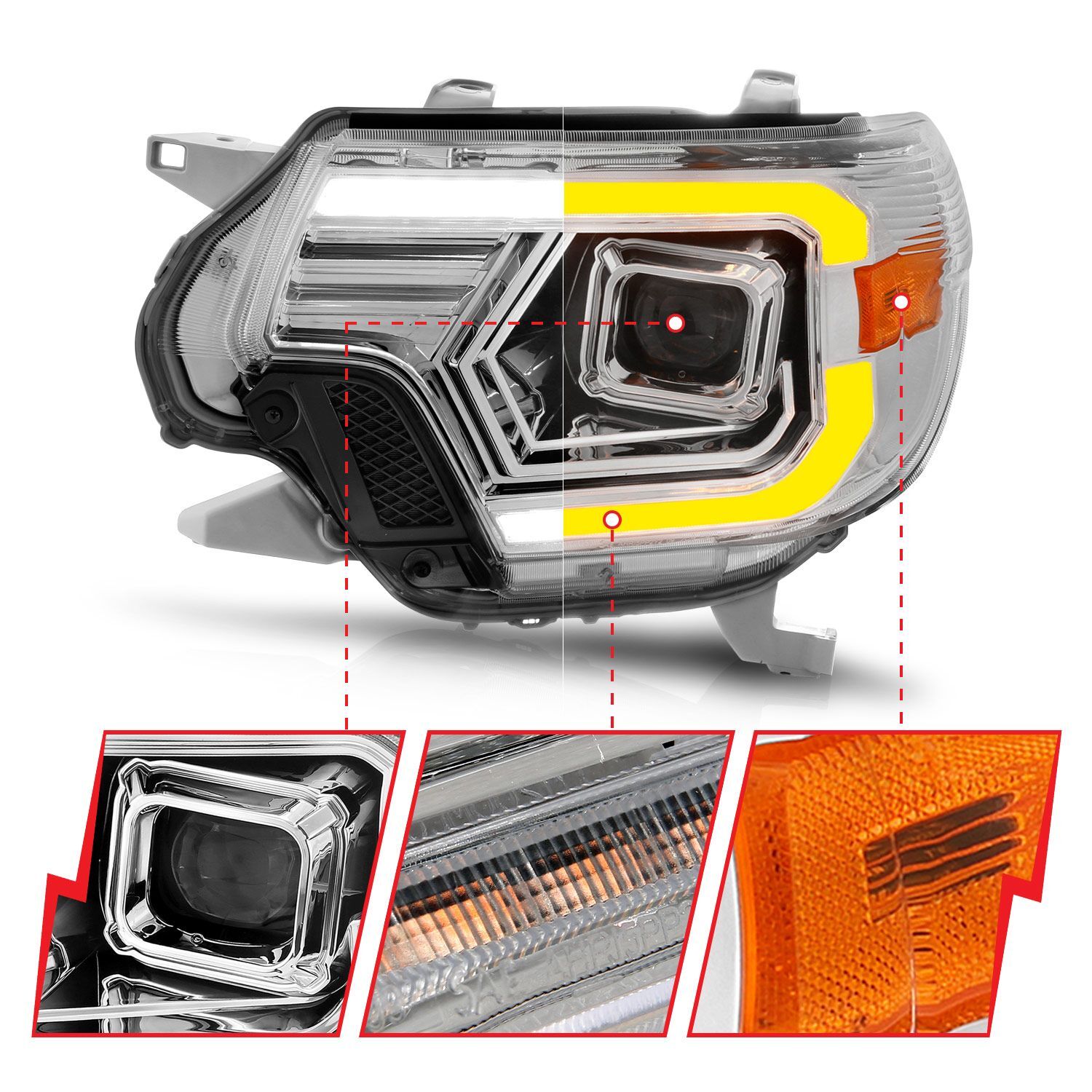 2012-2015 Toyota Tacoma Anzo Projector Headlights W/ Light Bar Switchback Chrome Housing