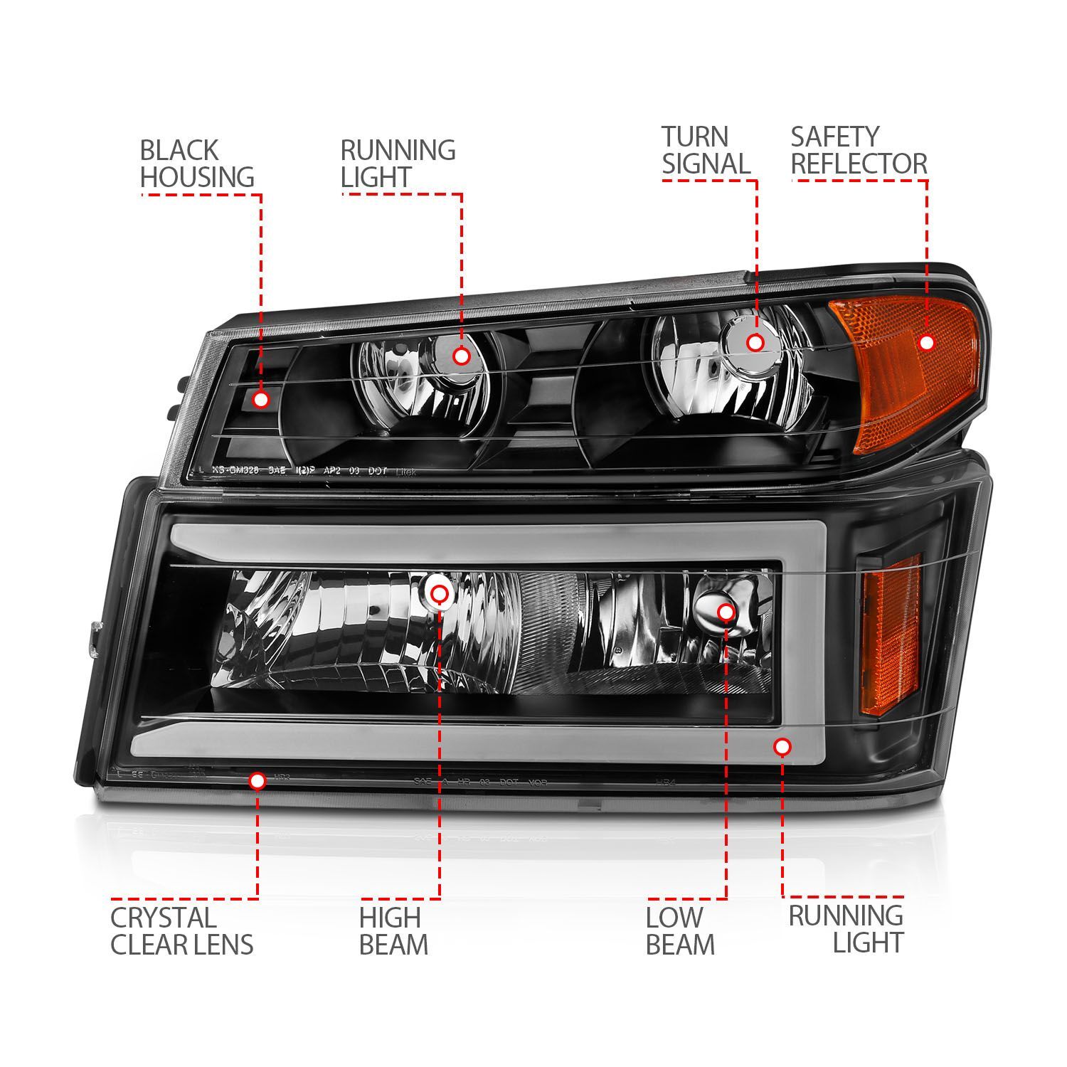 2004-2012 GMC Colorado Anzo Crystal Headlights W/ Light Bar Black Housing 4PC