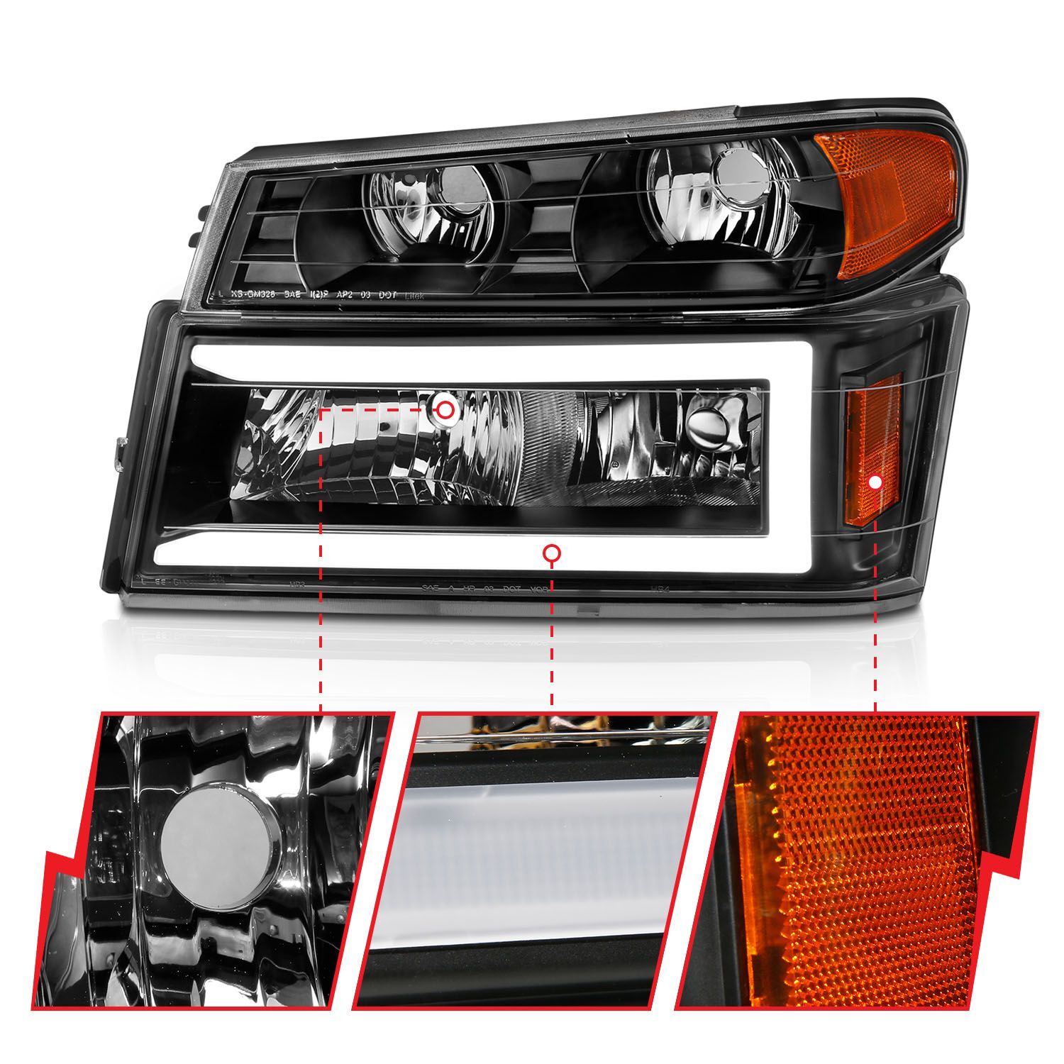 2004-2012 GMC Colorado Anzo Crystal Headlights W/ Light Bar Black Housing 4PC