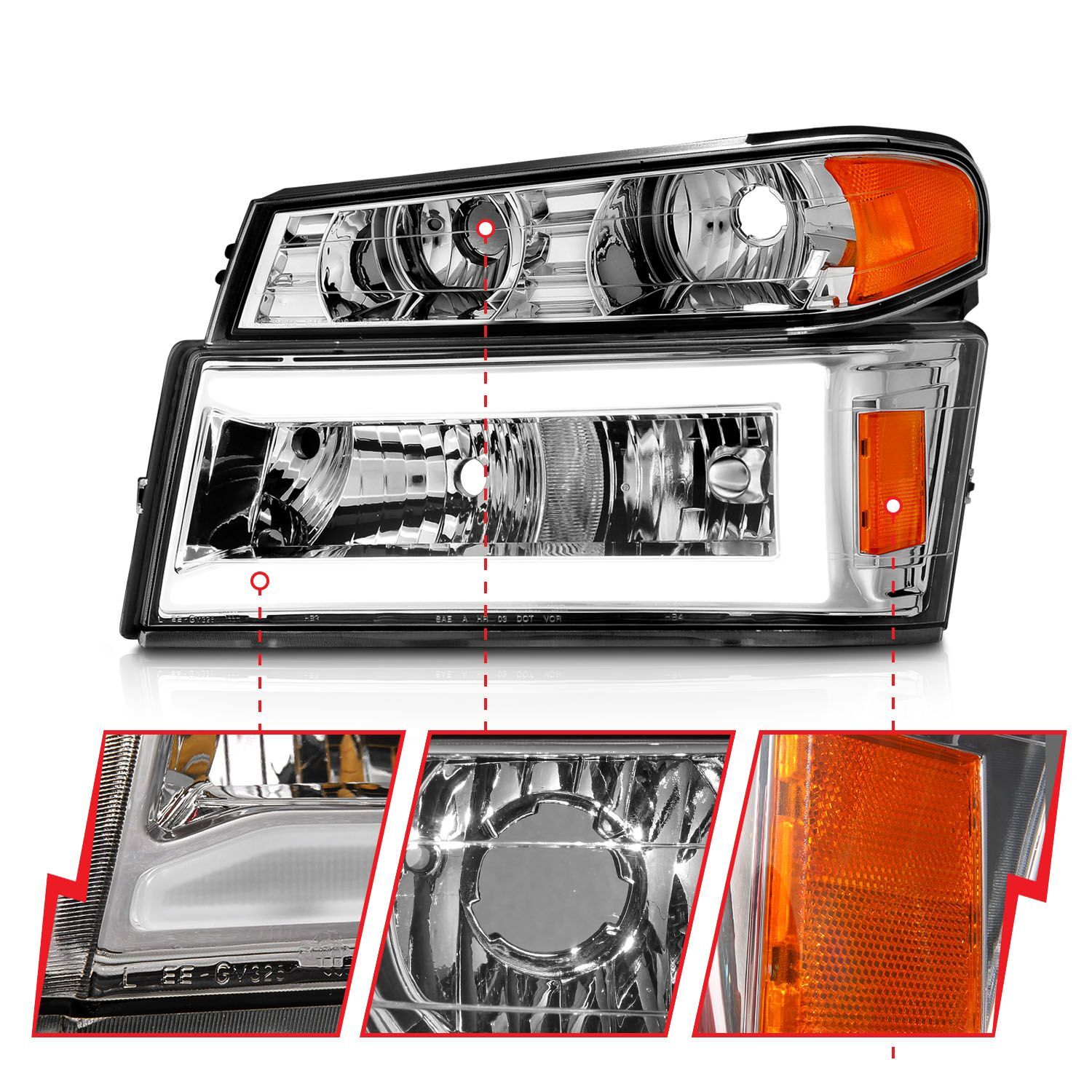 2004-2012 GMC Colorado Anzo Crystal Headlights W/ Light Bar Chrome Housing 4PC