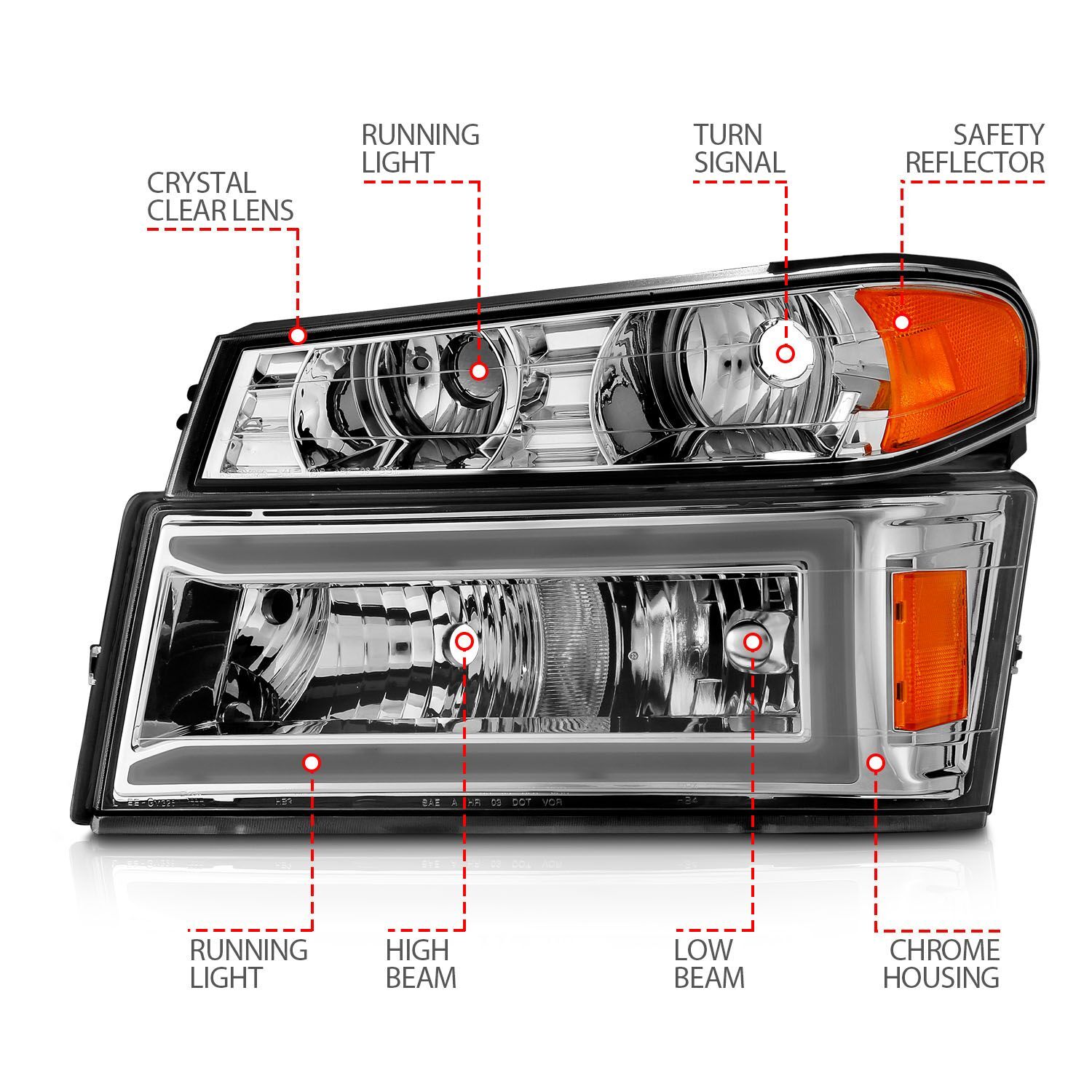 2004-2012 GMC Colorado Anzo Crystal Headlights W/ Light Bar Chrome Housing 4PC