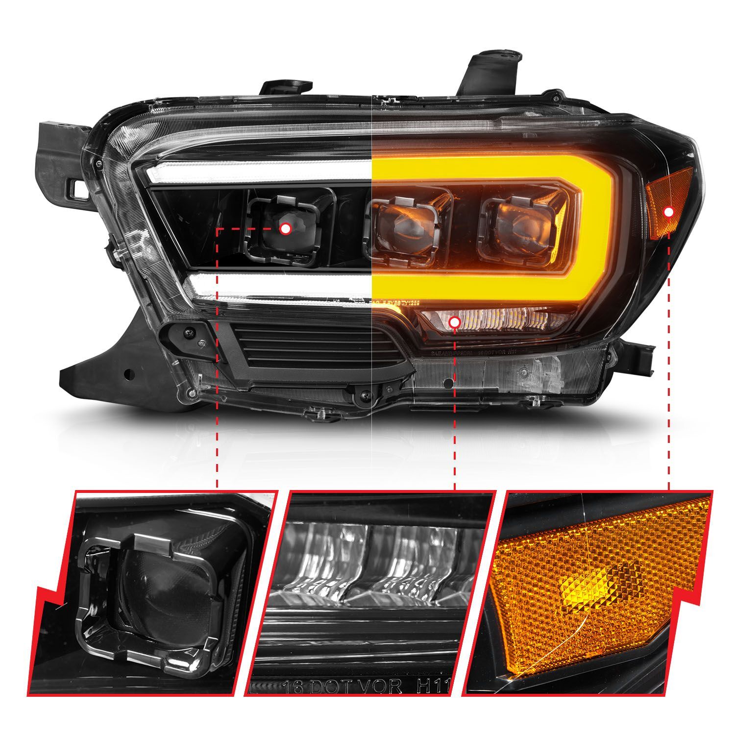 2016-2023 Toyota Tacoma SR/SR5 Anzo Full LED Projector Headlights W/ Light Bar Sequential Black Housing W/ Initiation Light