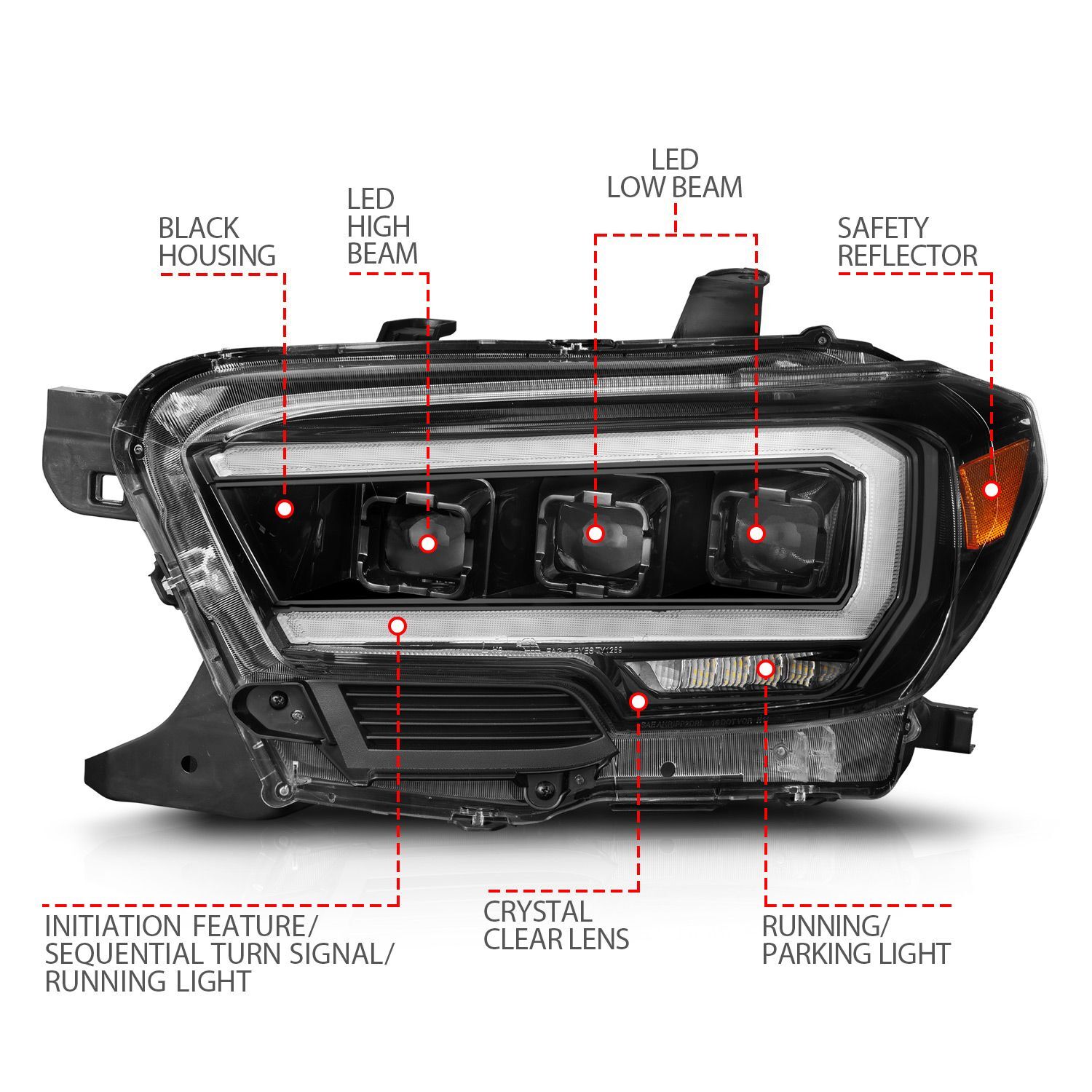 2016-2023 Toyota Tacoma SR/SR5 Anzo Full LED Projector Headlights W/ Light Bar Sequential Black Housing W/ Initiation Light