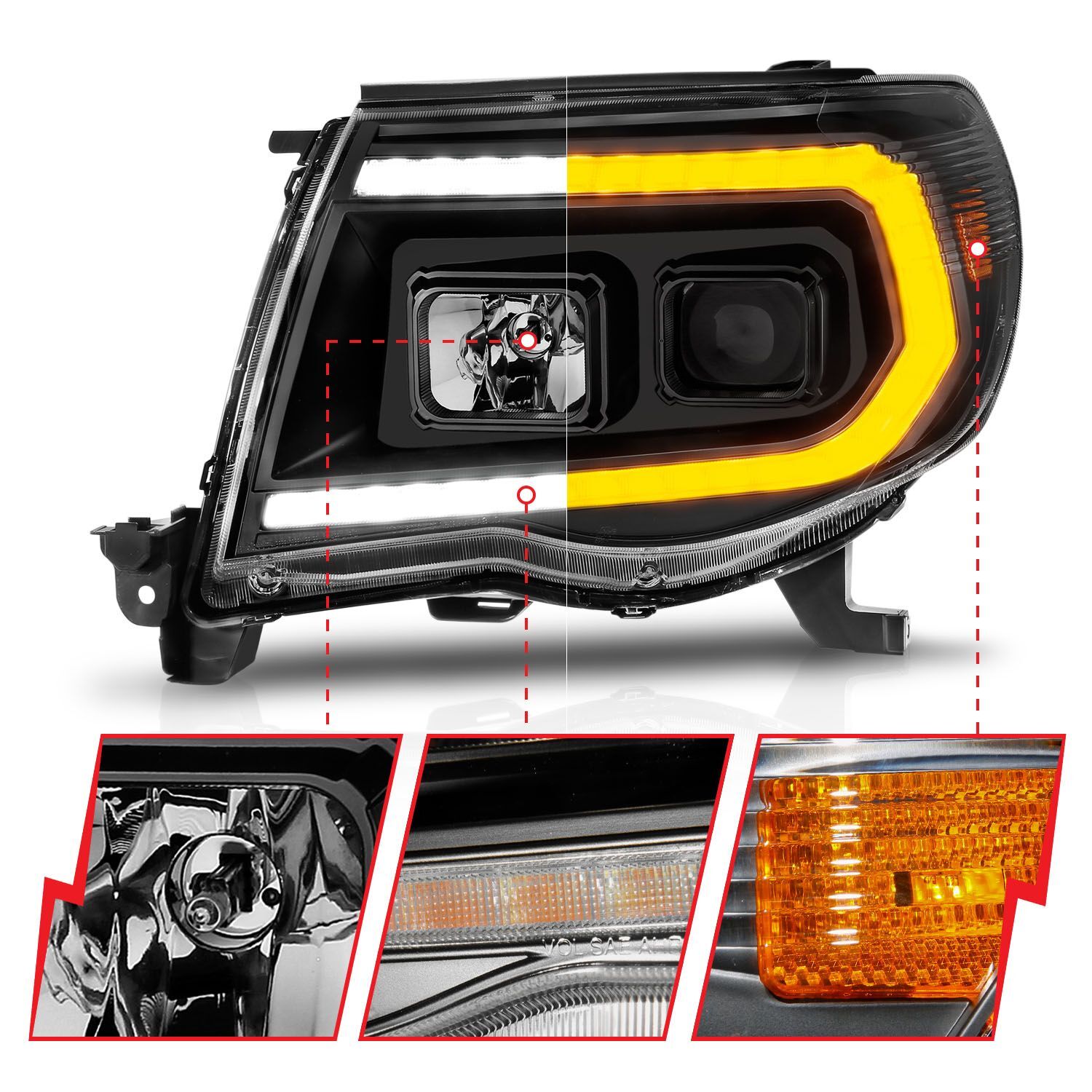 2005-2011 Toyota Tacoma Anzo Projector Headlights W/ Sequential Light Bar Black Housing