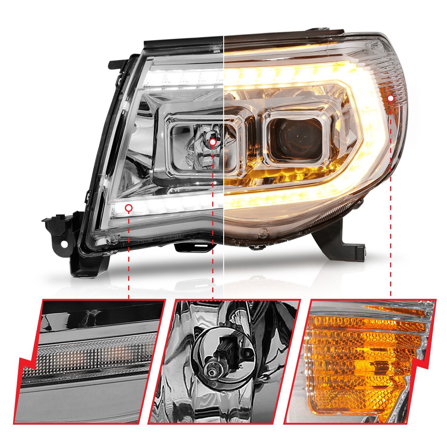 2005-2011 Toyota Tacoma Anzo Projector Headlights W/ Sequential Light Bar Chrome Housing