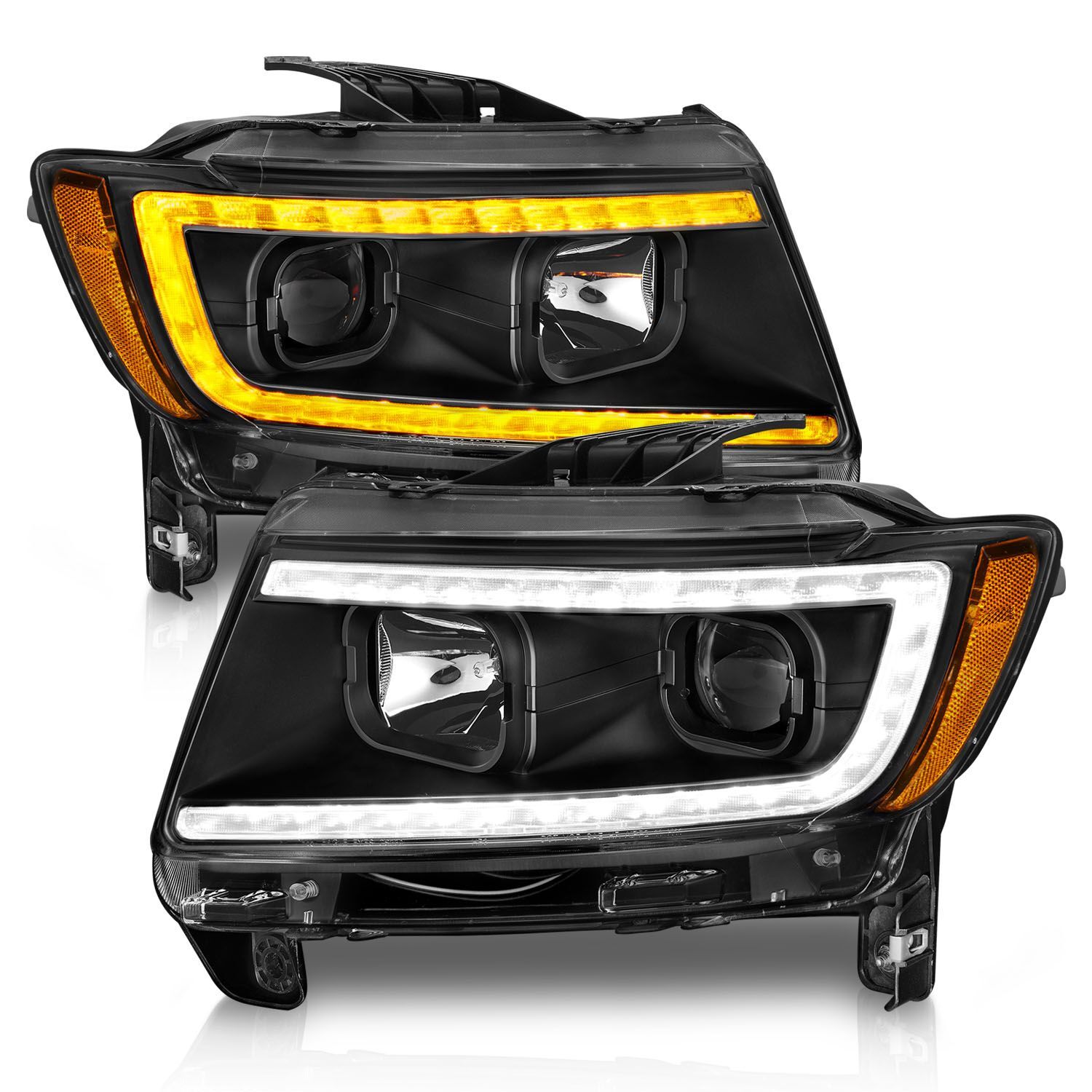 2011-2013 Jeep Grand Cherokee Anzo Projector Headlights W/ Light Bar Switchback Black Housing - 111568