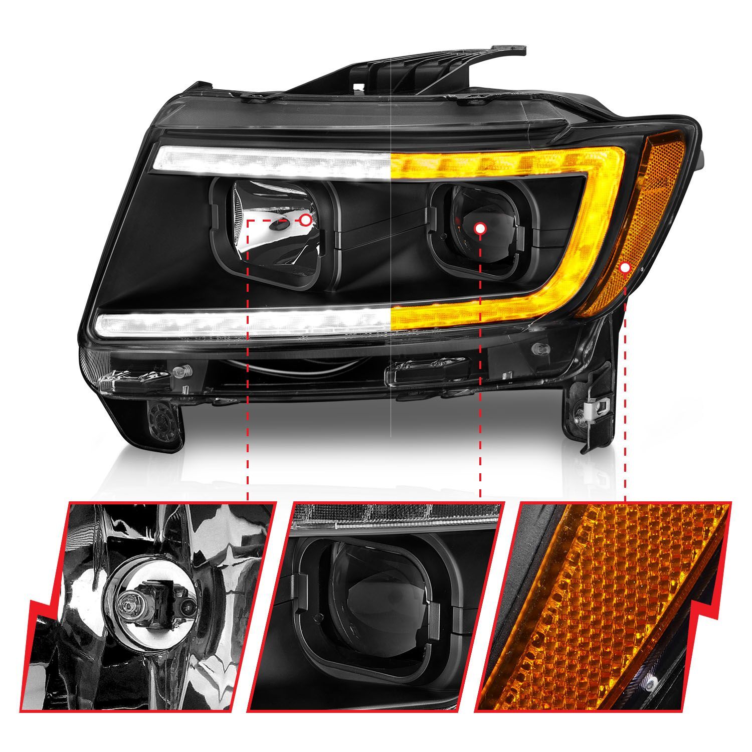 2011-2013 Jeep Grand Cherokee Anzo Projector Headlights W/ Light Bar Switchback Black Housing