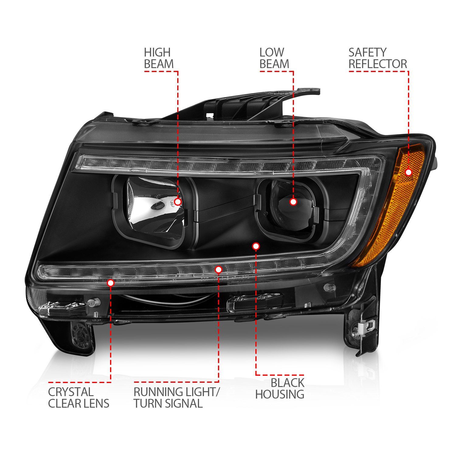 2011-2013 Jeep Grand Cherokee Anzo Projector Headlights W/ Light Bar Switchback Black Housing
