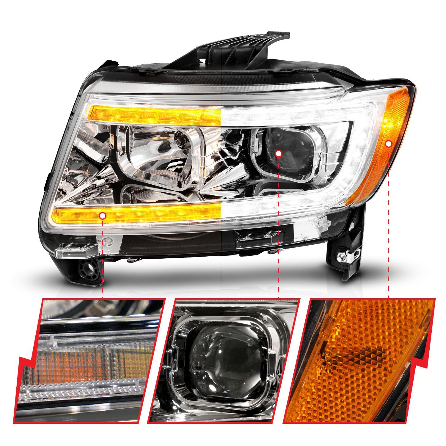 2011-2013 Jeep Grand Cherokee Anzo Projector Headlights W/ Light Bar Switchback Chrome Housing