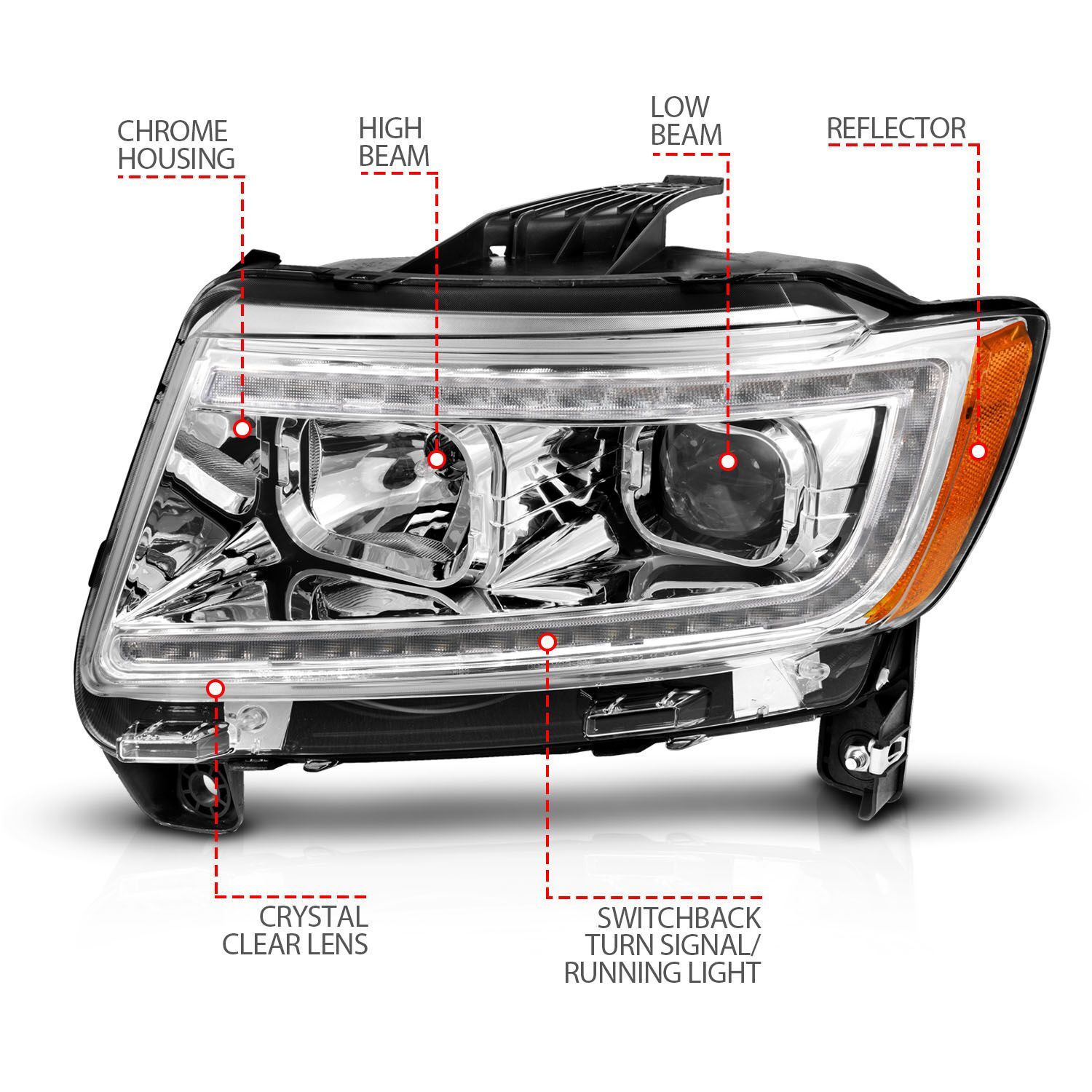 2011-2013 Jeep Grand Cherokee Anzo Projector Headlights W/ Light Bar Switchback Chrome Housing