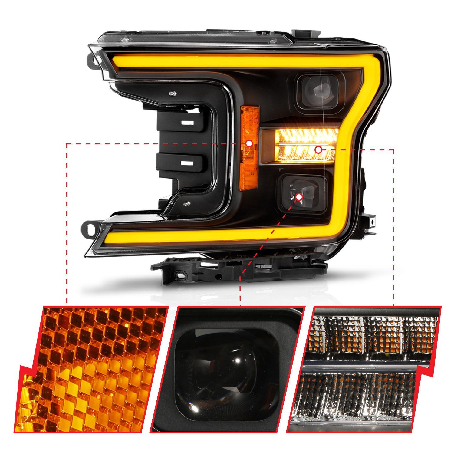 2018-2020 Ford F-150 Anzo Full LED Projector Headlights W/ Light Bar Switchback Sequential Black Housing W/ Initiation Light