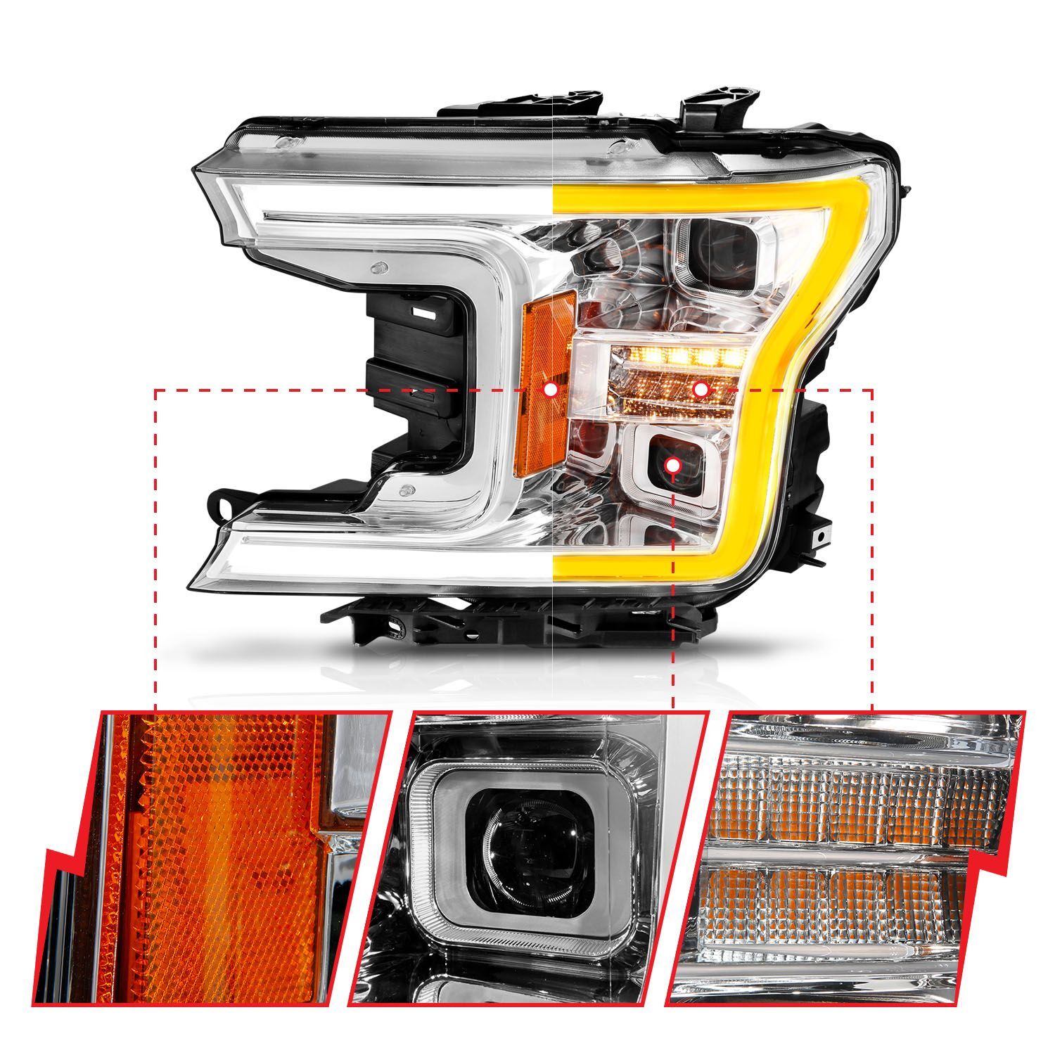 2018-2020 Ford F-150 Anzo Full LED Projector Headlights W/ Light Bar Switchback Sequential Chrome Housing W/ Initiation Light