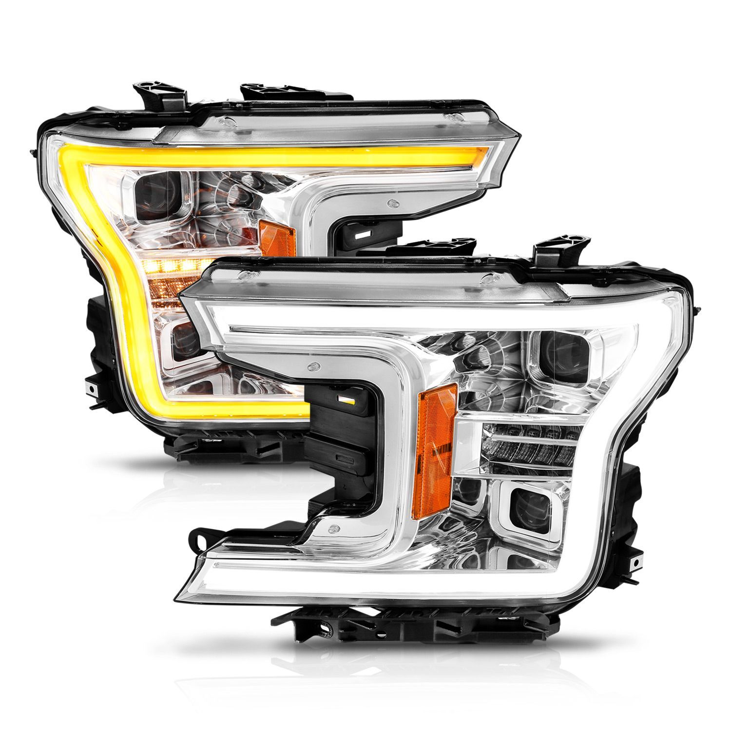 2018-2020 Ford F-150 Anzo Full LED Projector Headlights W/ Light Bar Switchback Sequential Chrome Housing W/ Initiation Light - 111571