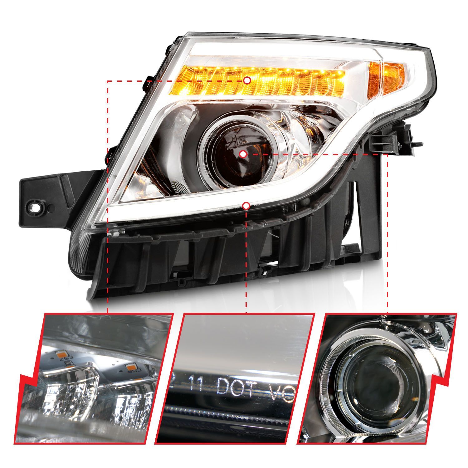 2011-2015 Ford Explorer Anzo Projector Headlights W/ Light Bar Chrome Housing