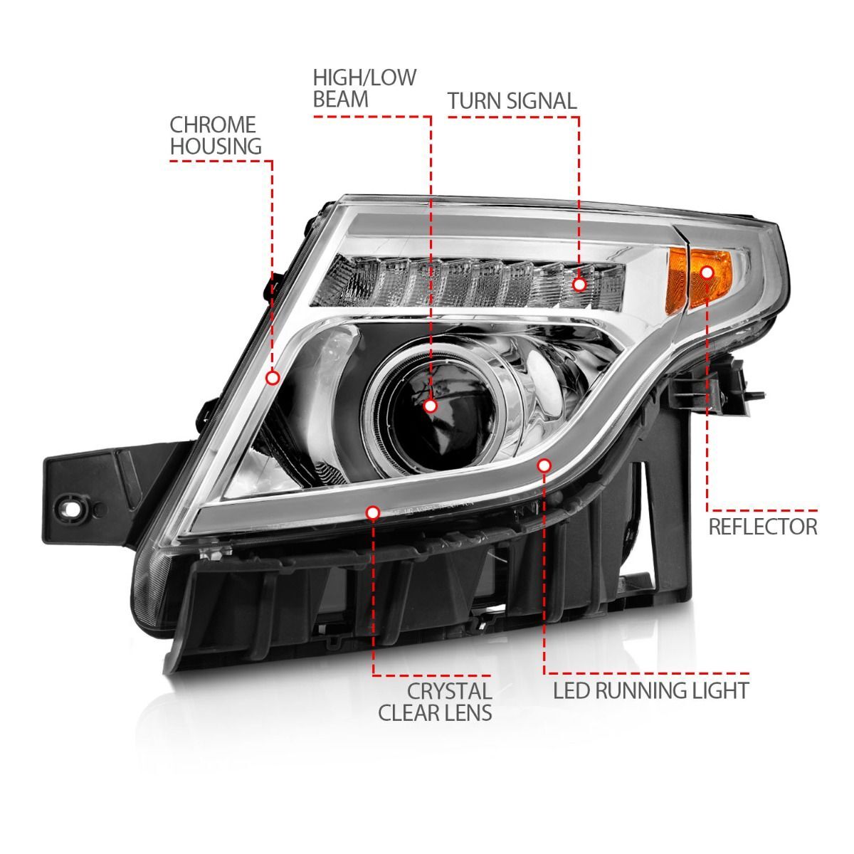 2011-2015 Ford Explorer Anzo Projector Headlights W/ Light Bar Chrome Housing