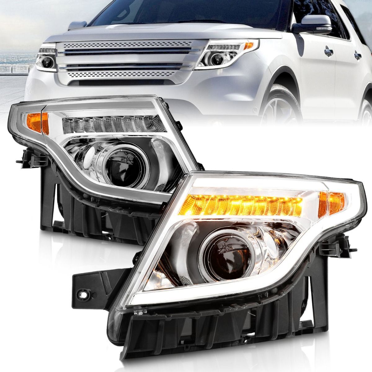 2011-2015 Ford Explorer Anzo Projector Headlights W/ Light Bar Chrome Housing - 111576