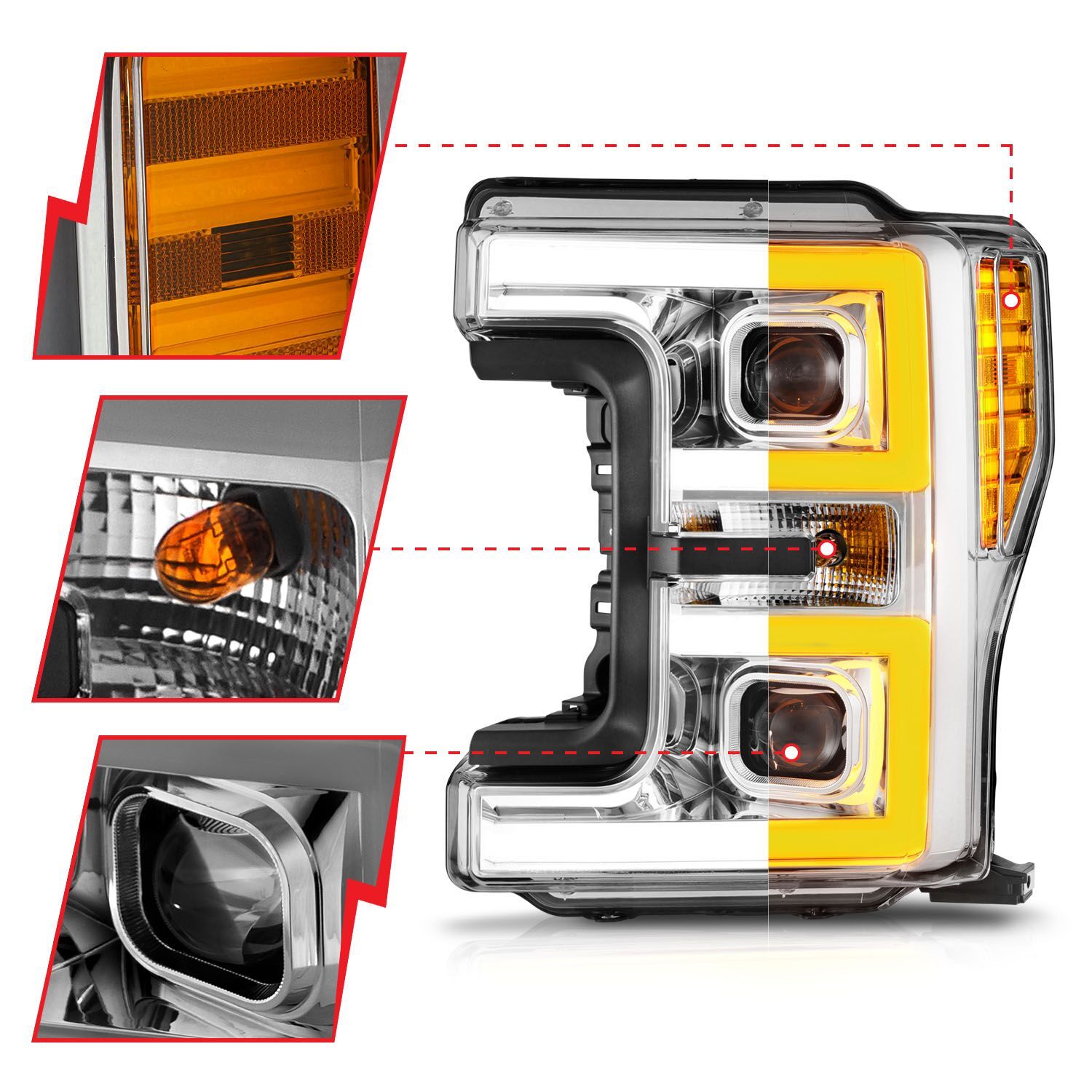 2017-2019 Ford F-250/F-350/F-450 Super Duty Anzo LED Projector Headlights W/ Light Bar Switchback Chrome Housing