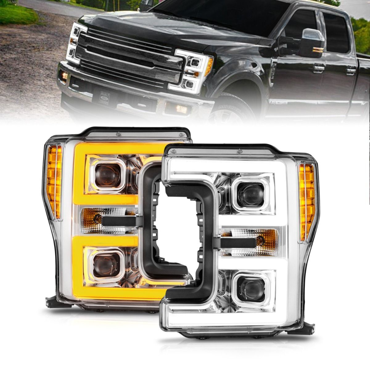 2017-2019 Ford F-250/F-350/F-450 Super Duty Anzo LED Projector Headlights W/ Light Bar Switchback Chrome Housing - 111578