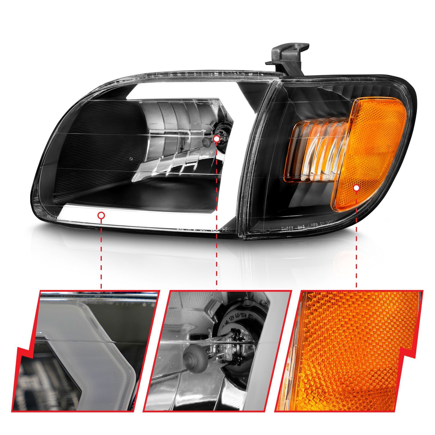 2000-2004 Toyota Tundra Regular Cab/Access Cab Anzo Crystal Headlights W/ Light Bar Black Housing W/ Corner Lights 2PC