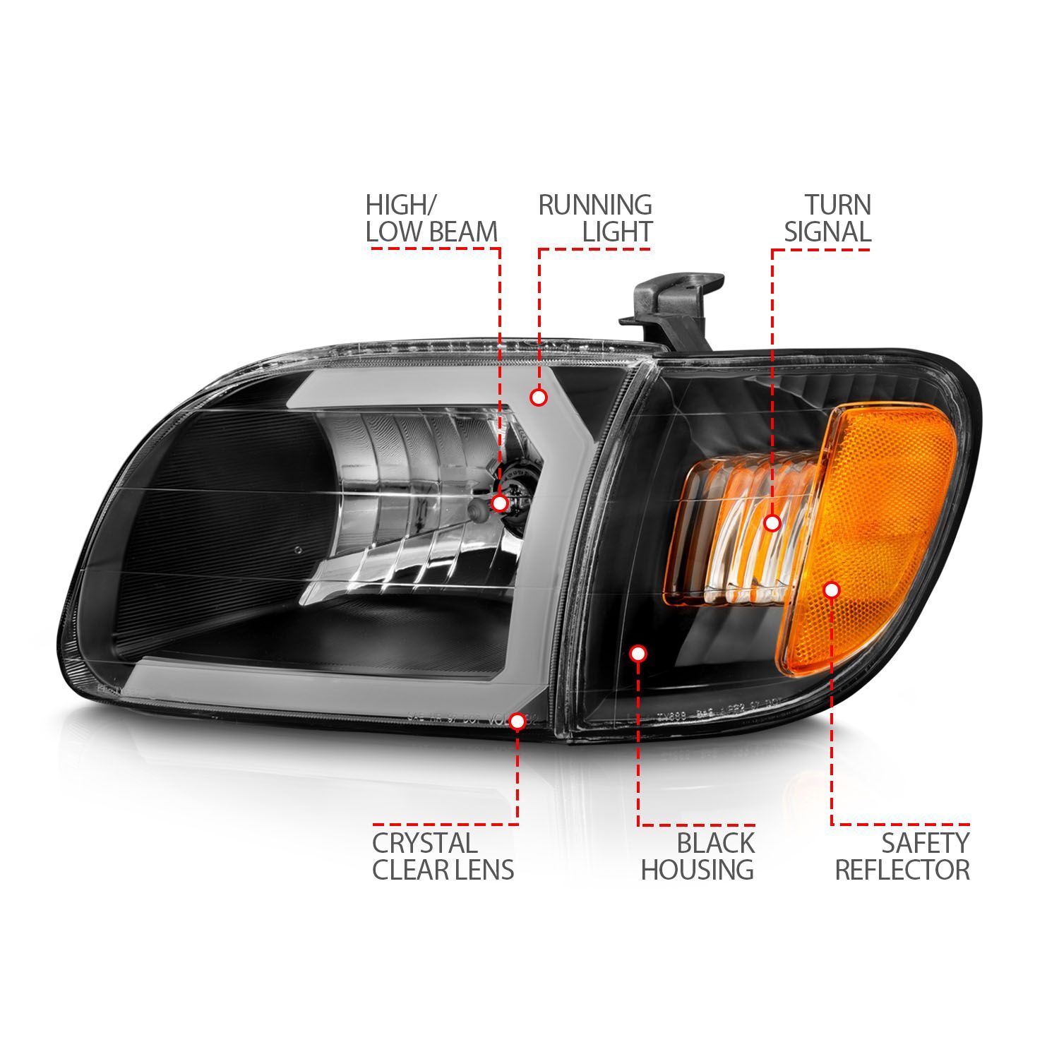 2000-2004 Toyota Tundra Regular Cab/Access Cab Anzo Crystal Headlights W/ Light Bar Black Housing W/ Corner Lights 2PC