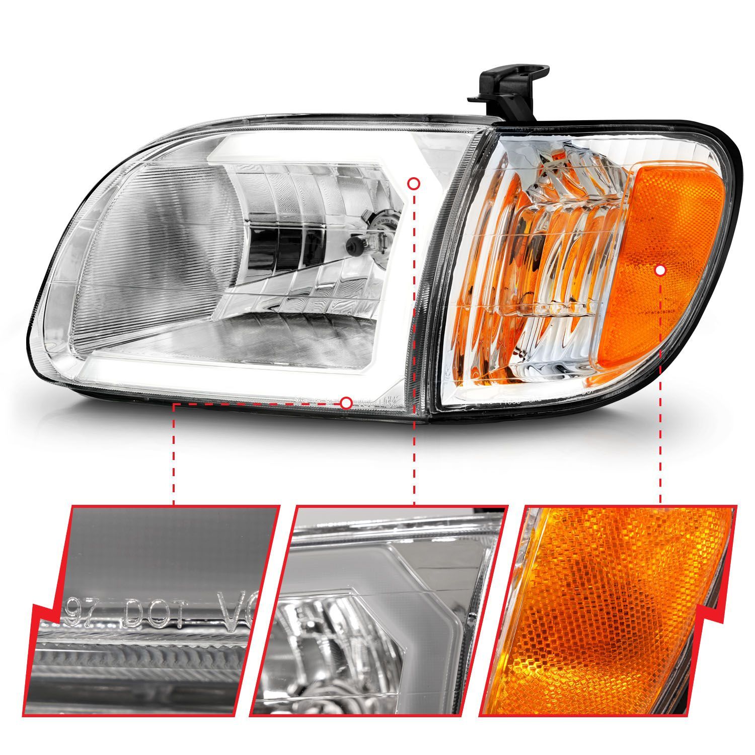 2000-2004 Toyota Tundra Regular Cab/Access Cab Anzo Crystal Headlights W/ Light Bar Chrome Housing W/ Corner Lights 2PC