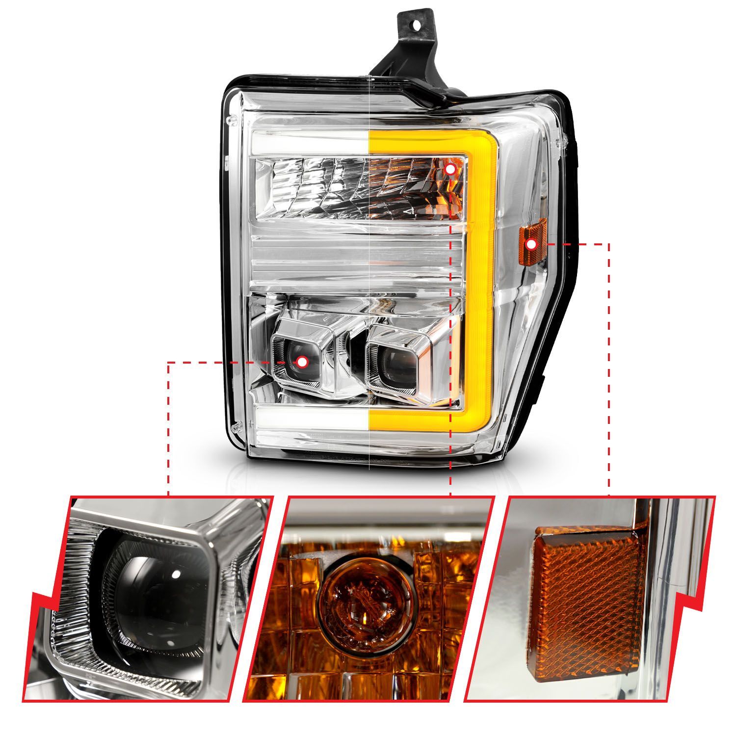 2008-2010 Ford F-250/F-350/F-450/F-550 Super Duty Anzo Projector Headlights W/ Light Bar Switchback Black Housing