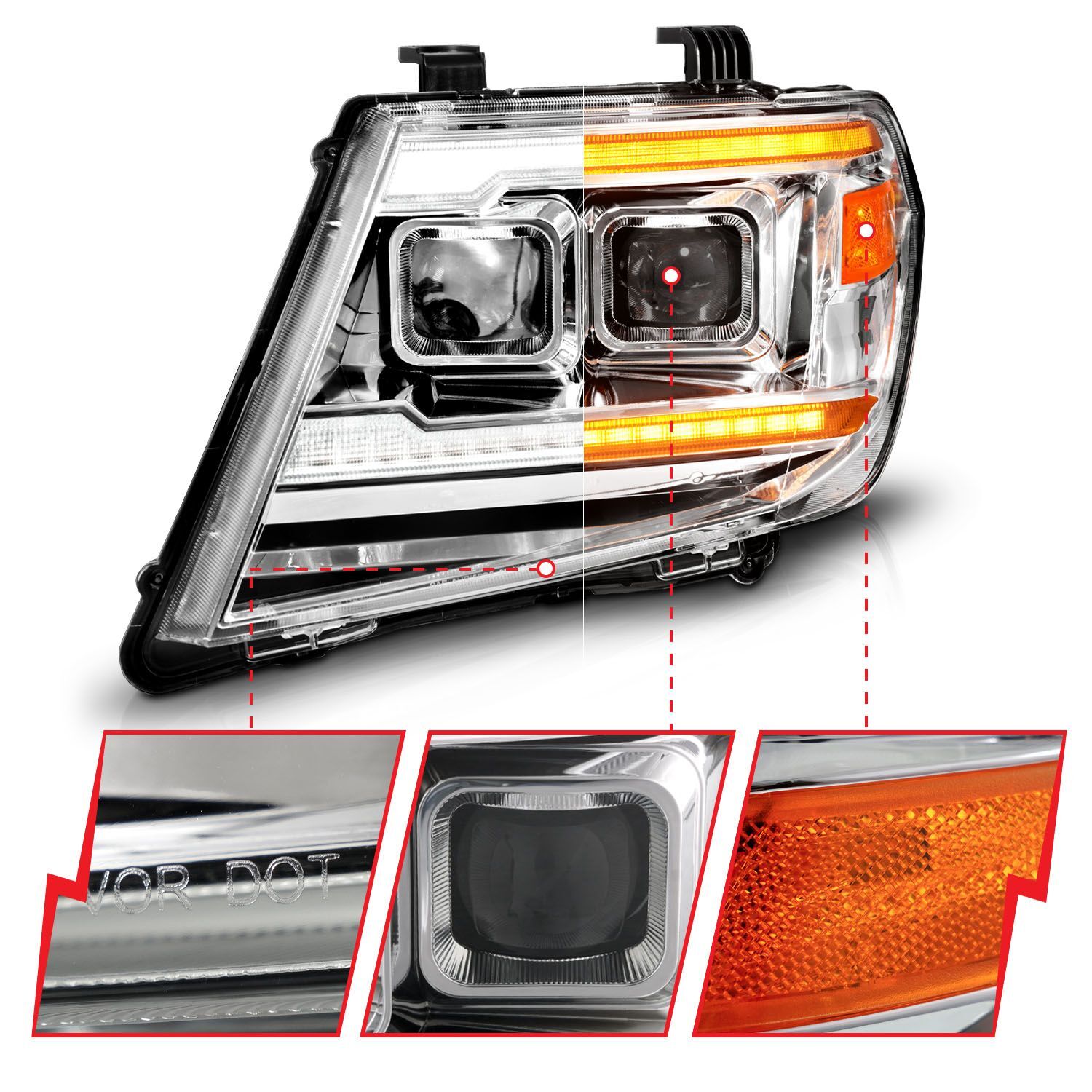 2009-2021 Nissan Frontier Anzo Dual Square Projector Chrome Headlight W/Sequential+Switchback LED Bar DRL