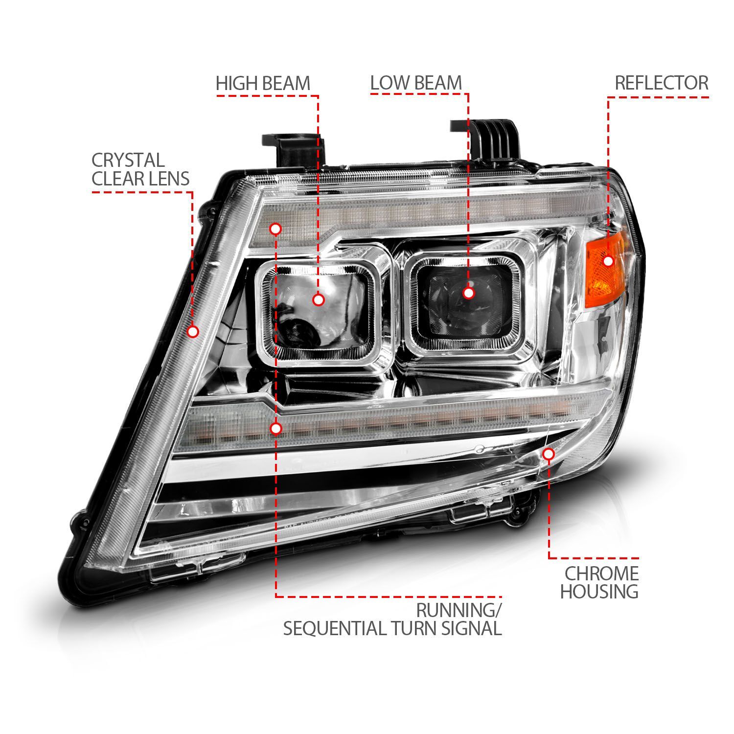 2009-2021 Nissan Frontier Anzo Dual Square Projector Chrome Headlight W/Sequential+Switchback LED Bar DRL