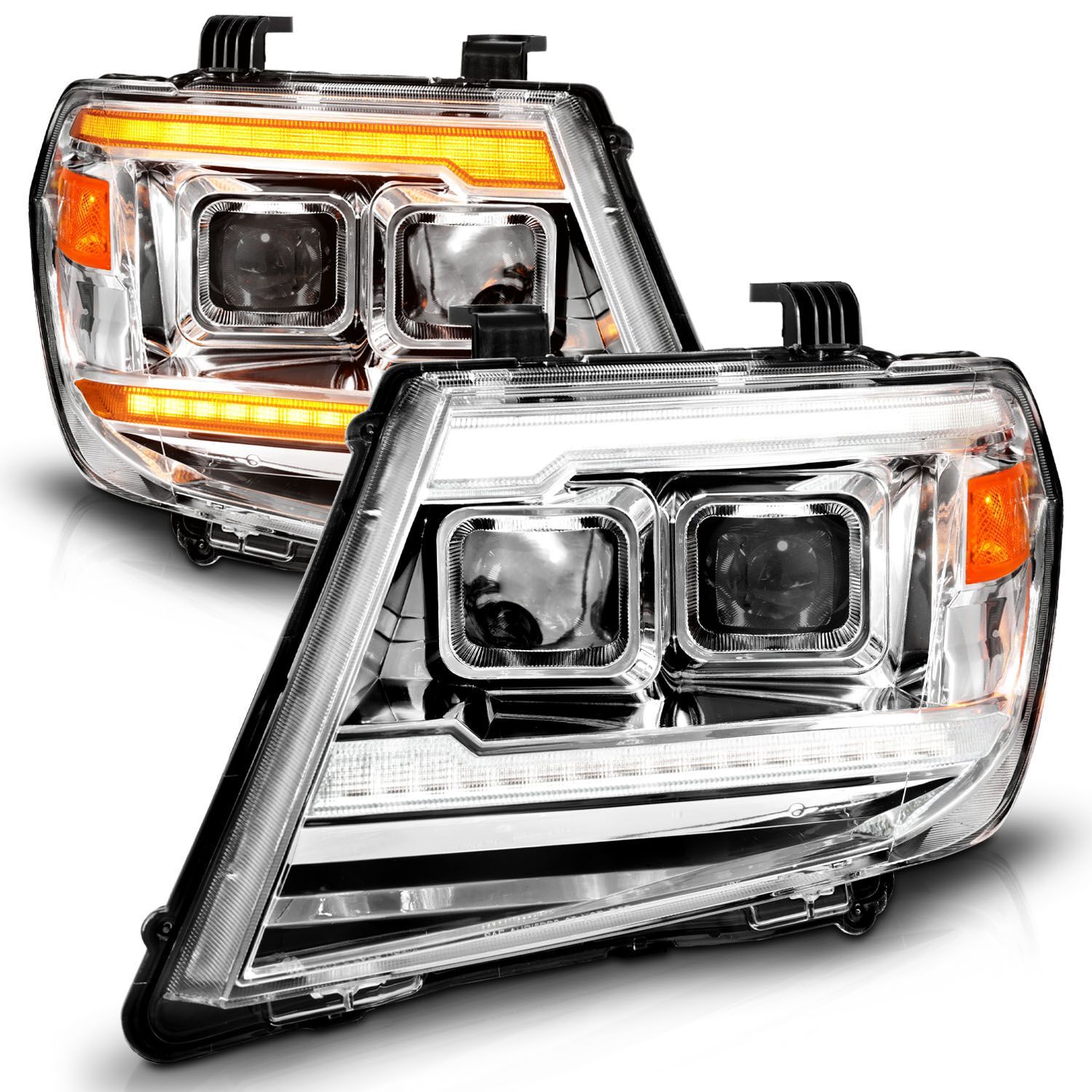 2009-2021 Nissan Frontier Anzo Dual Square Projector Chrome Headlight W/Sequential+Switchback LED Bar DRL - 111598