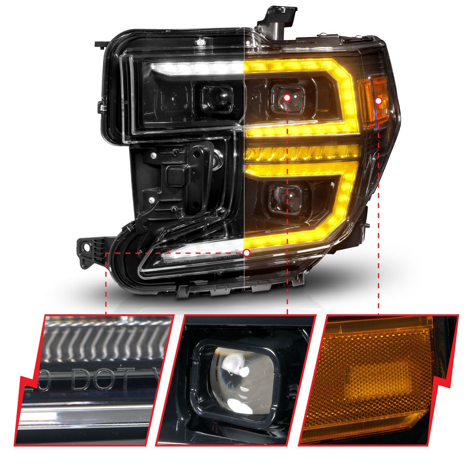 2006-2009 GMC Sierra 1500 Anzo Black Housing Full LED Trio Projector Switchback Bar W/DRL & Initiation Feature