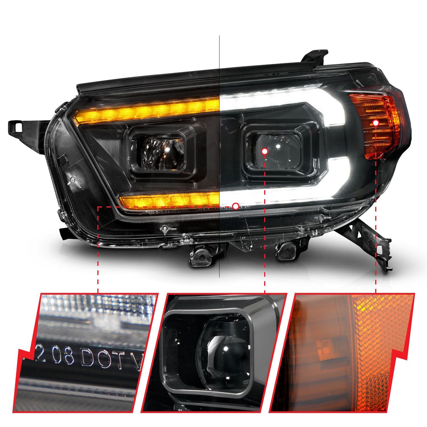 2010-2013 Toyota 4Runner Anzo Black Projector Headlights With Switchback LED DRL Plank