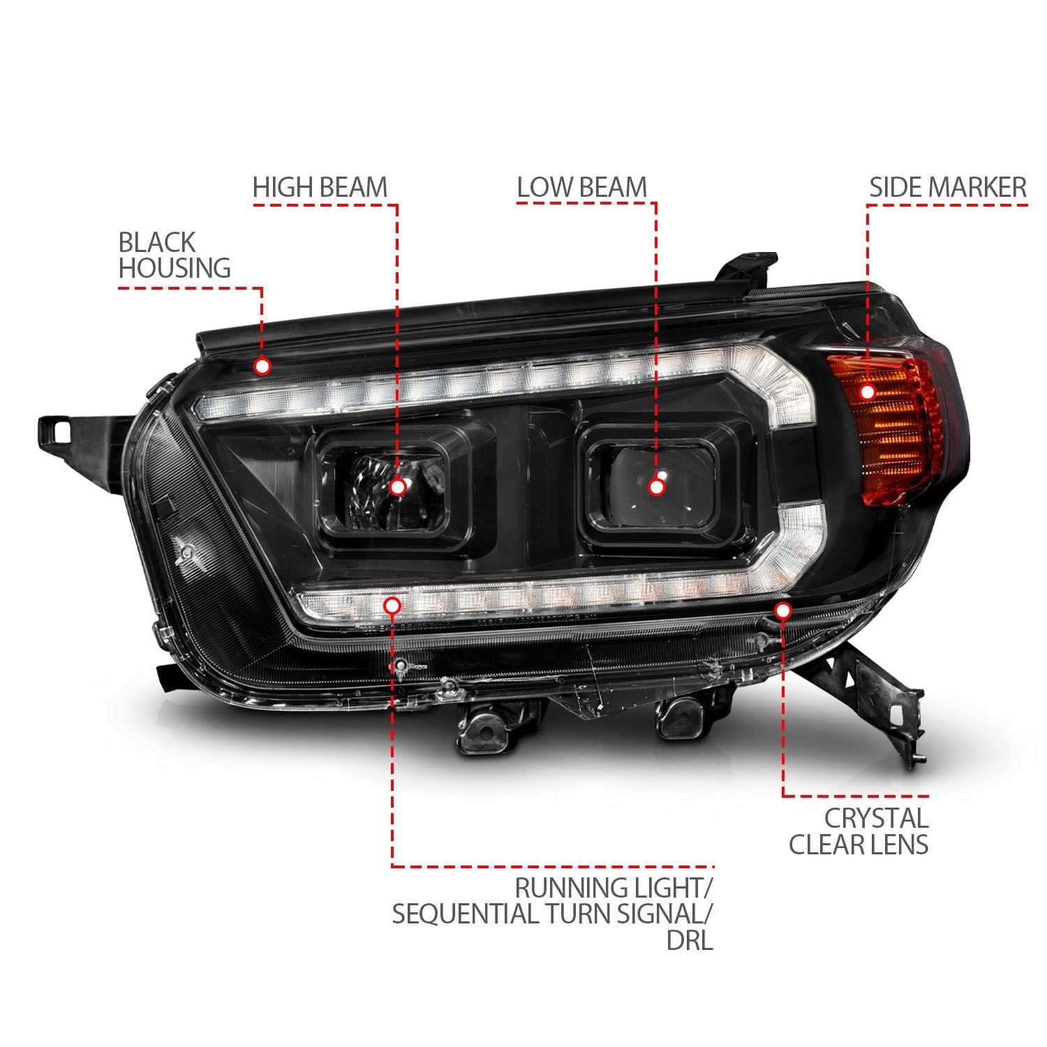 2010-2013 Toyota 4Runner Anzo Black Projector Headlights With Switchback LED DRL Plank