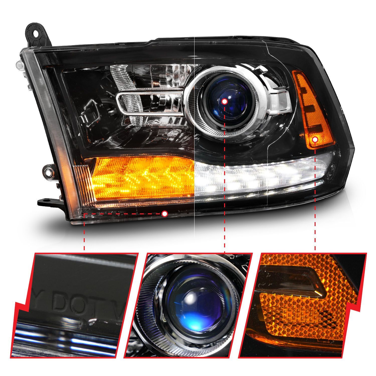 2009-2018 Dodge Ram 1500/2500/3500 Anzo LED Plank Style Projector Headlihgts W/Switchback+Sequential Hyper Black (Oe Style)