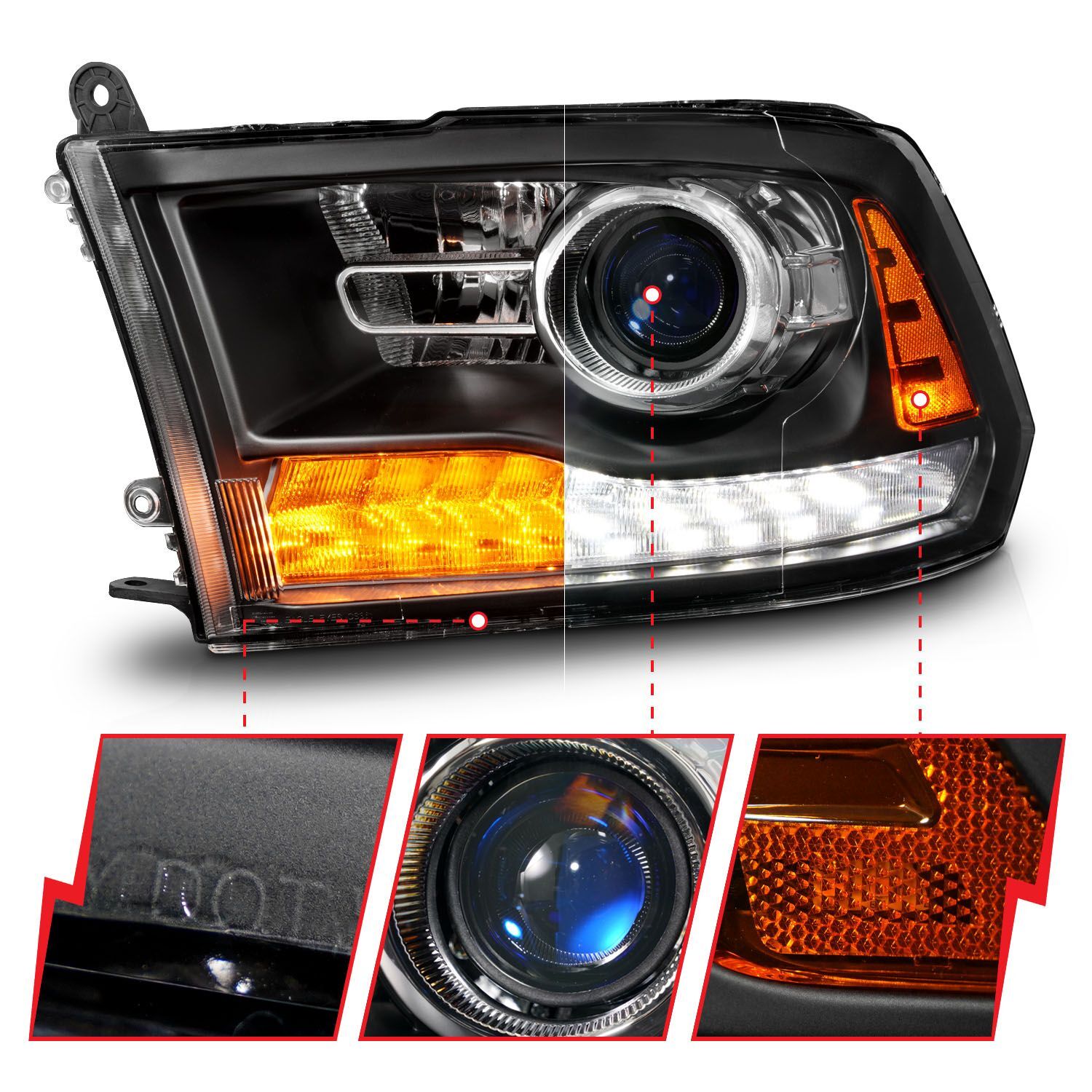 2009-2018 Dodge Ram 1500/2500/3500 Anzo LED Plank Style Projector Headlihgts W/Switchback+Sequential Matte Black (Oe Style)