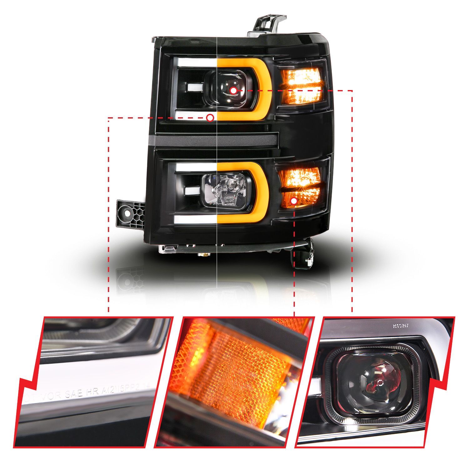 2014-2015 Chevrolet Silverado 1500 Anzo Black Housing Dual Switchback+Sequential LED Tube Square Projector Headlights