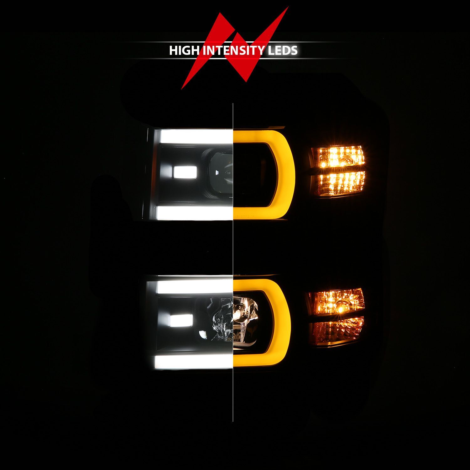 2014-2015 Chevrolet Silverado 1500 Anzo Black Housing Dual Switchback+Sequential LED Tube Square Projector Headlights