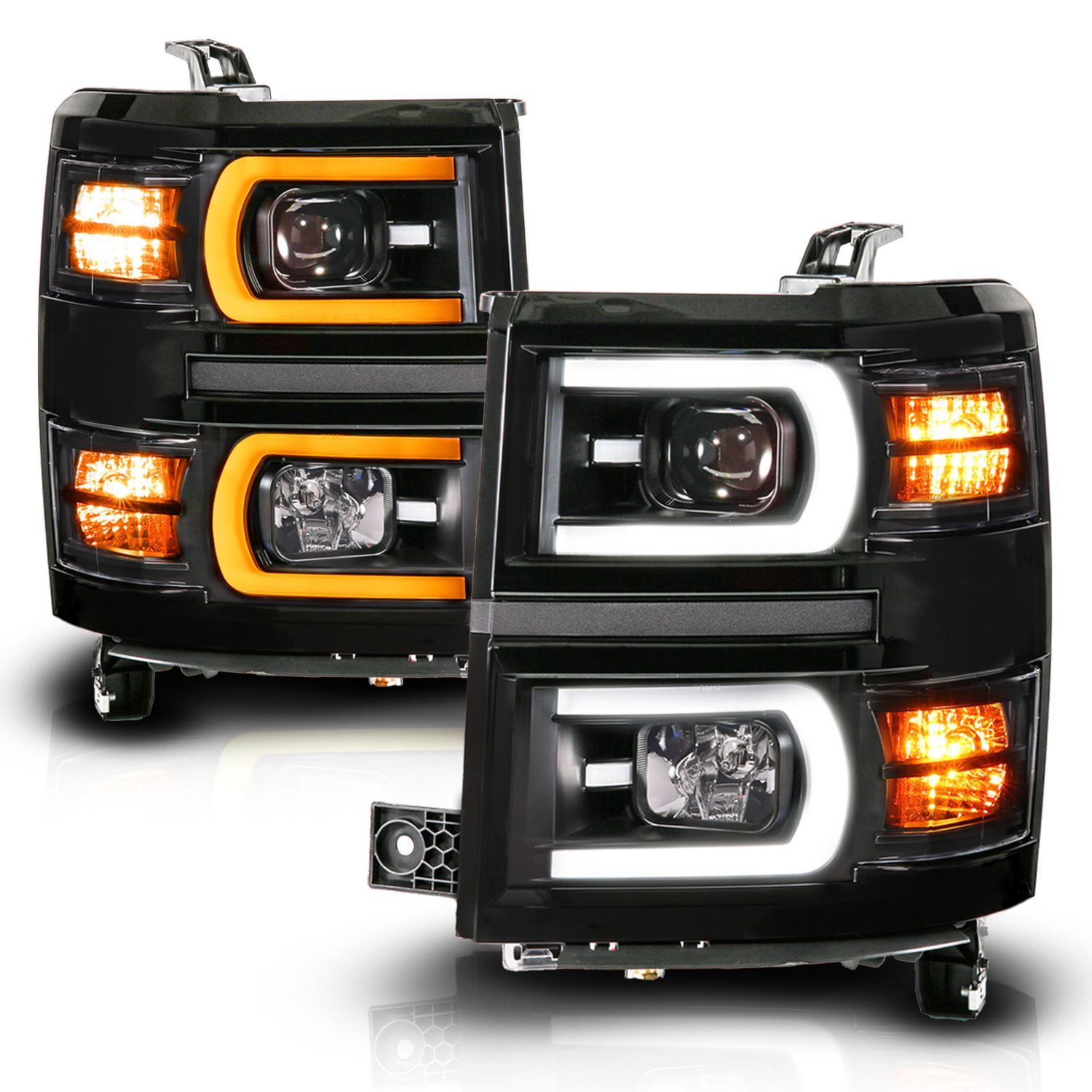 2014-2015 Chevrolet Silverado 1500 Anzo Black Housing Dual Switchback+Sequential LED Tube Square Projector Headlights - 111617