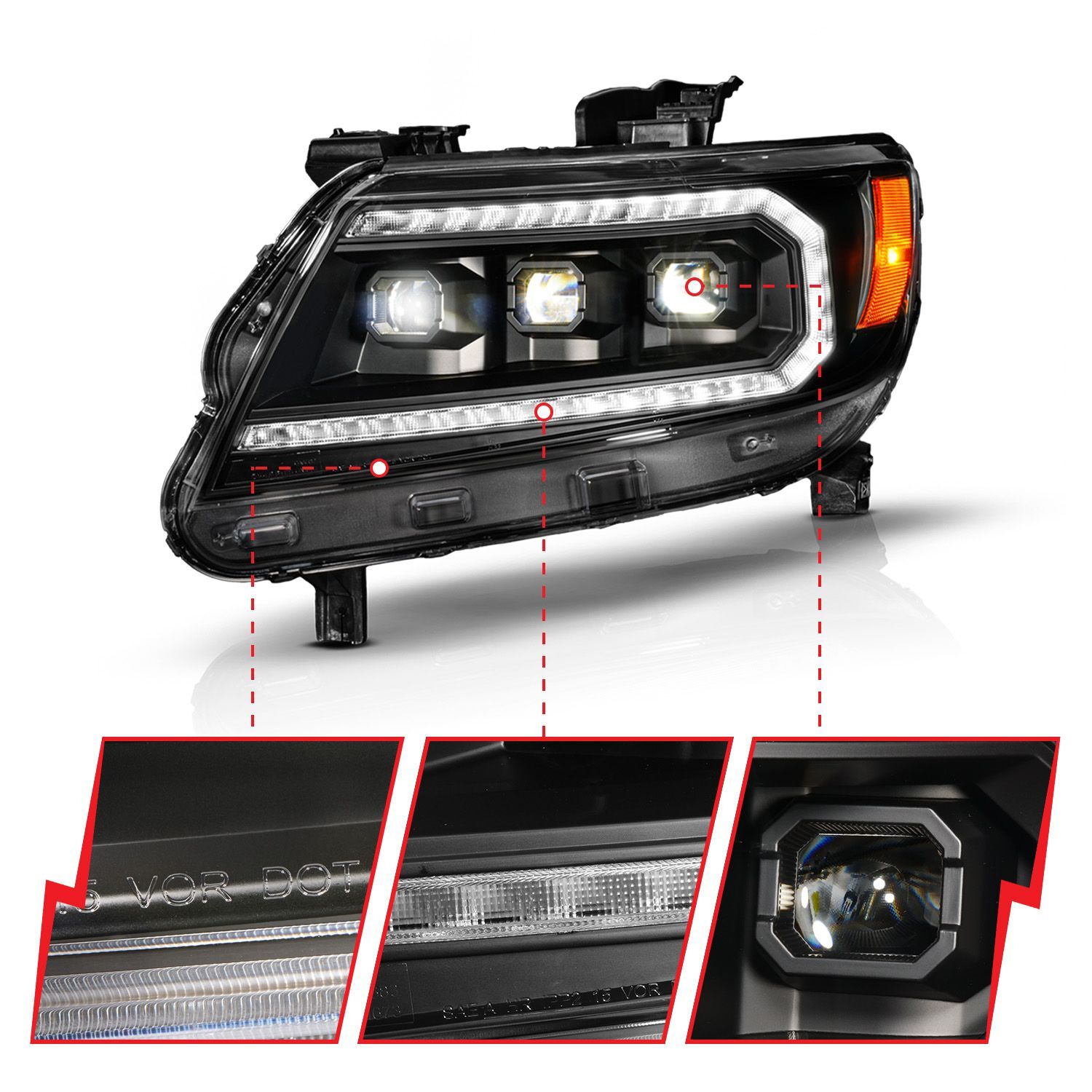 2015-2022 Chevrolet Colorado Anzo Black Housing Full LED DRL Tube Projector Headlight W/Sequential Switchback Light Bar And Initiation Feature