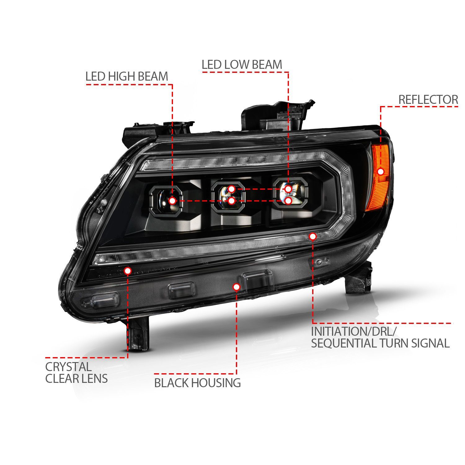 2015-2022 Chevrolet Colorado Anzo Black Housing Full LED DRL Tube Projector Headlight W/Sequential Switchback Light Bar And Initiation Feature