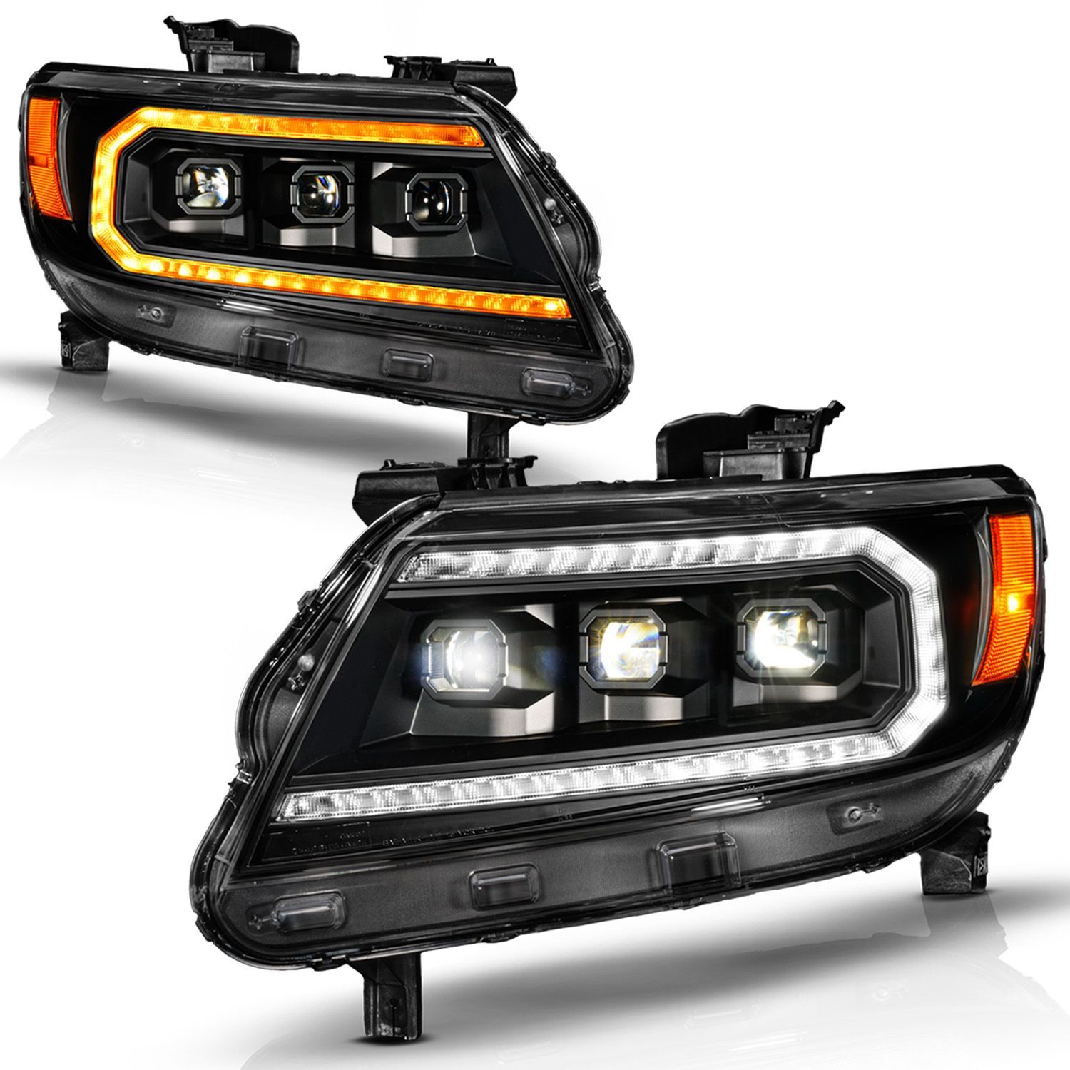 2015-2022 Chevrolet Colorado Anzo Black Housing Full LED DRL Tube Projector Headlight W/Sequential Switchback Light Bar And Initiation Feature - 111634