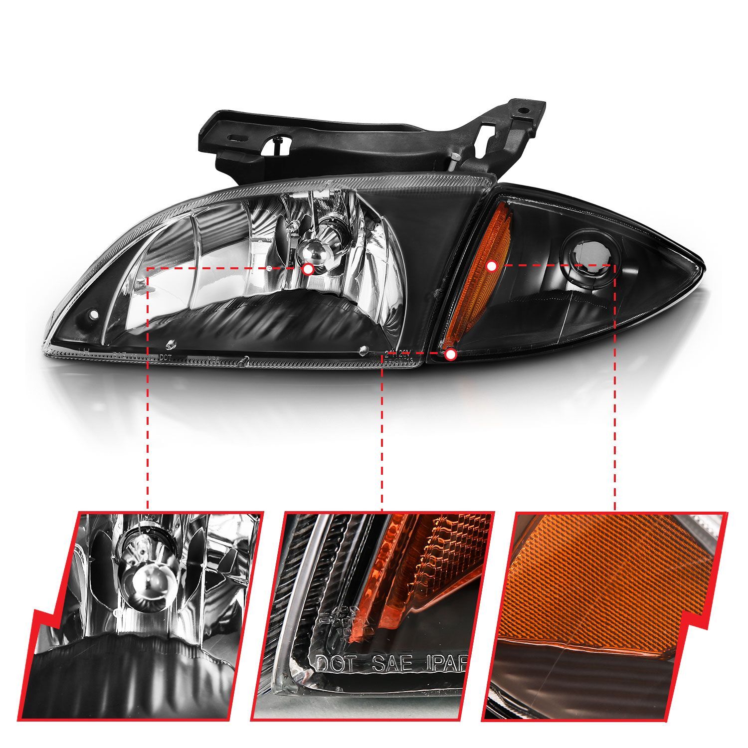 2000-2002 Chevrolet Cavalier Anzo Crystal Headlights Black Amber