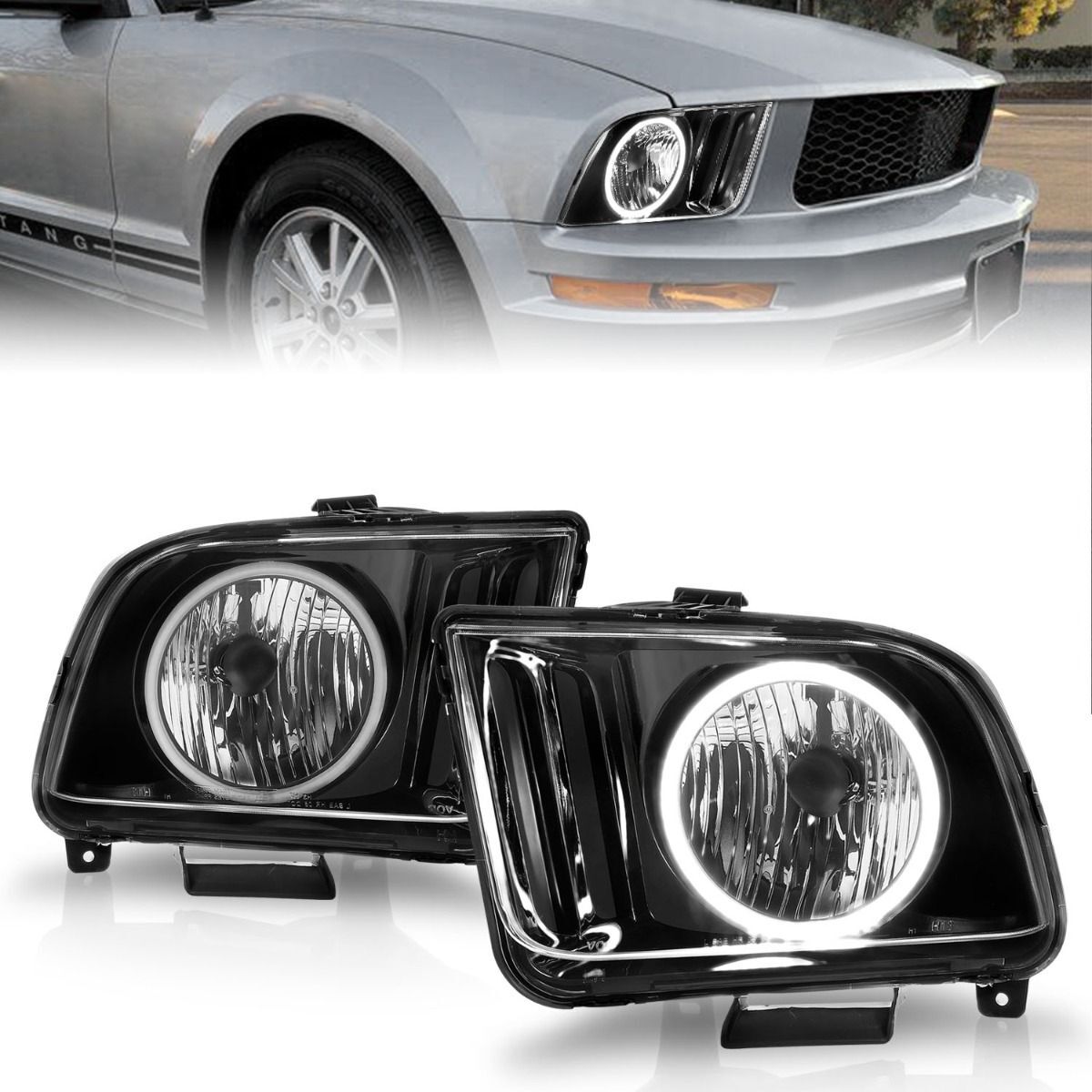 2005-2009 Ford Mustang Anzo Crystal Headlights W/ Halo Black (SMD LED) - 121033